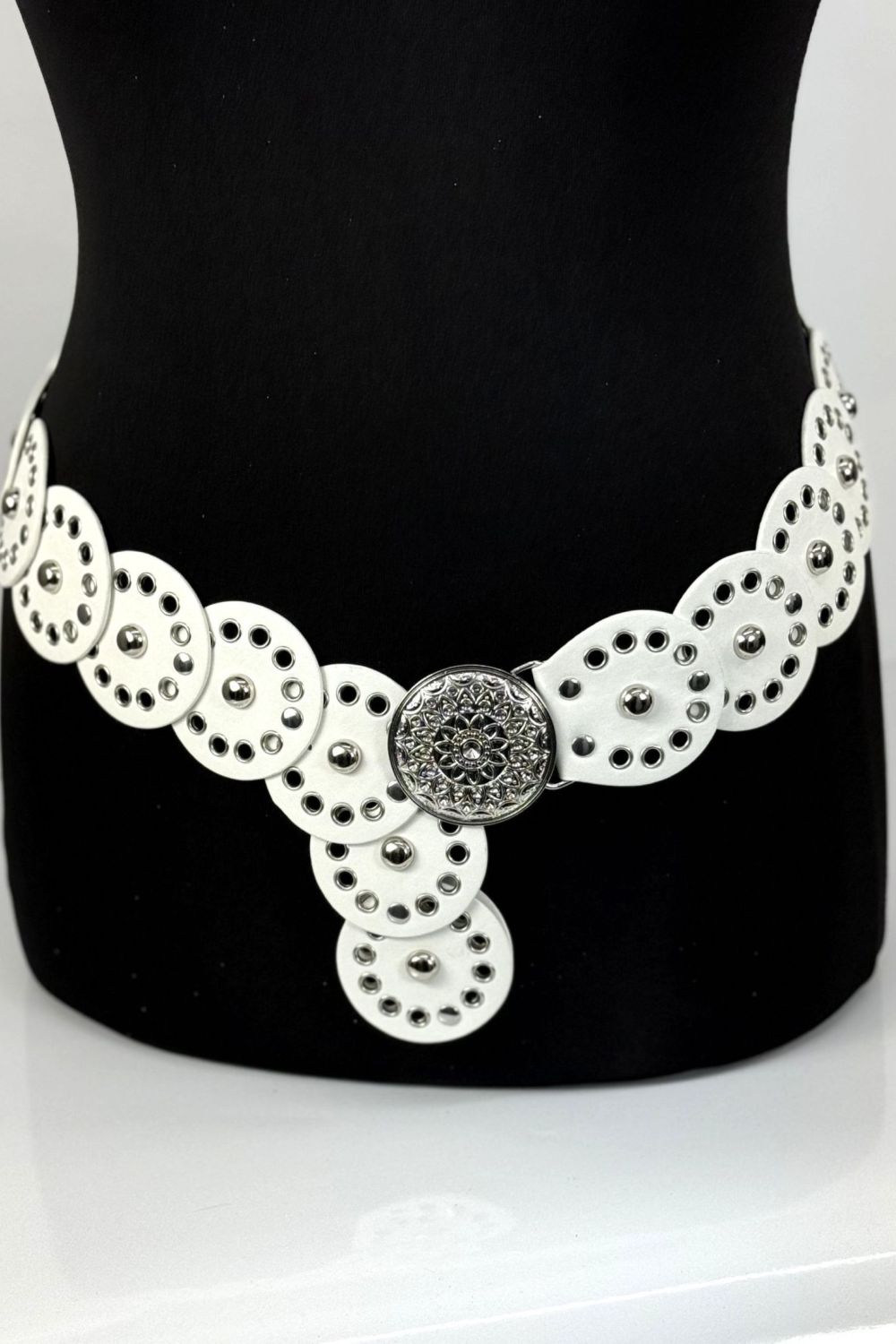 White Wide Eyelet Disc Belt, Image 1 of 2