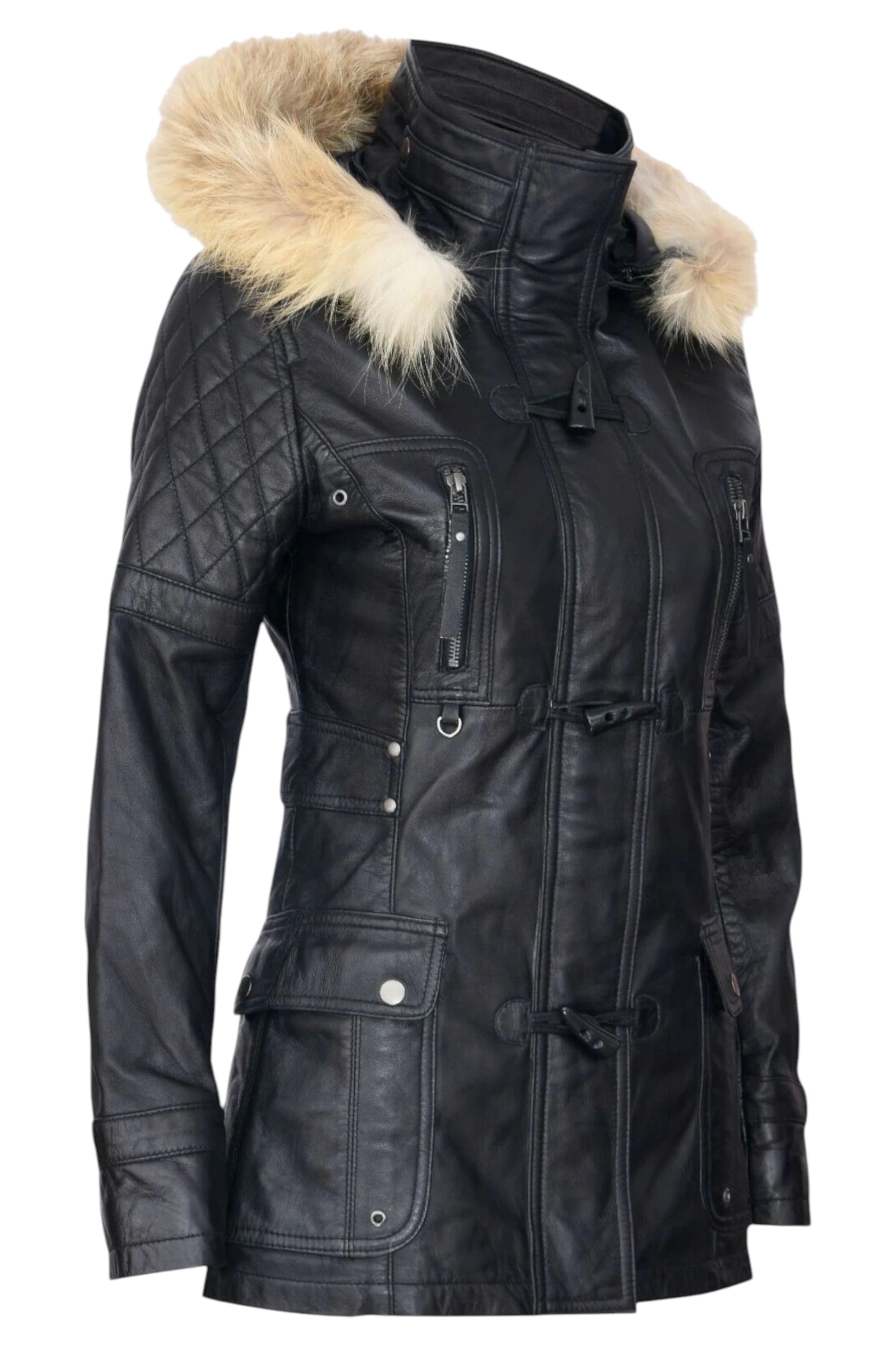 Black Lamb Leather Parka Fur Hood Jacket, Image 4 of 6
