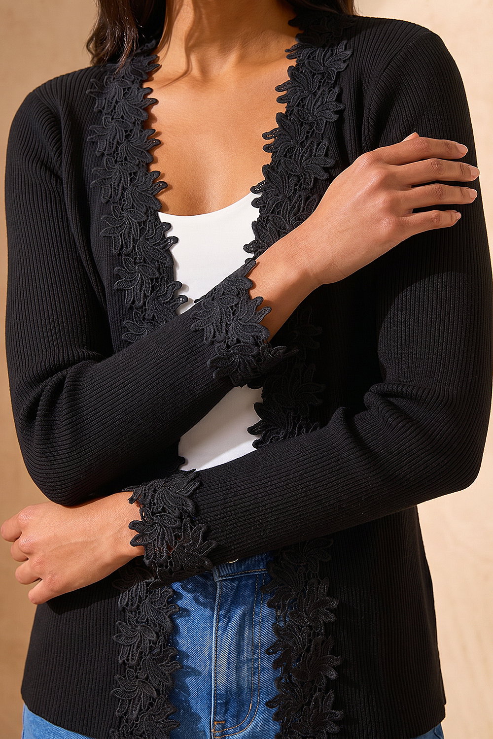 Black Lace Trim Knit Cardigan | Roman UK