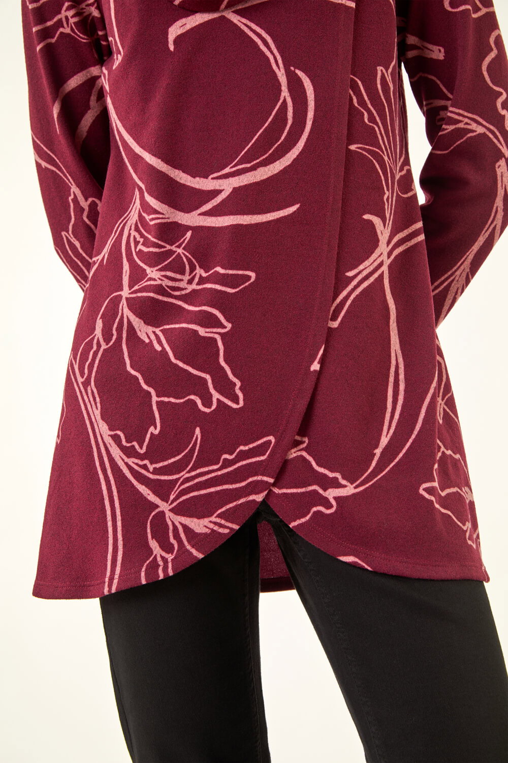 Burgundy Printed Cowl Neck Stretch Top, Image 6 of 5