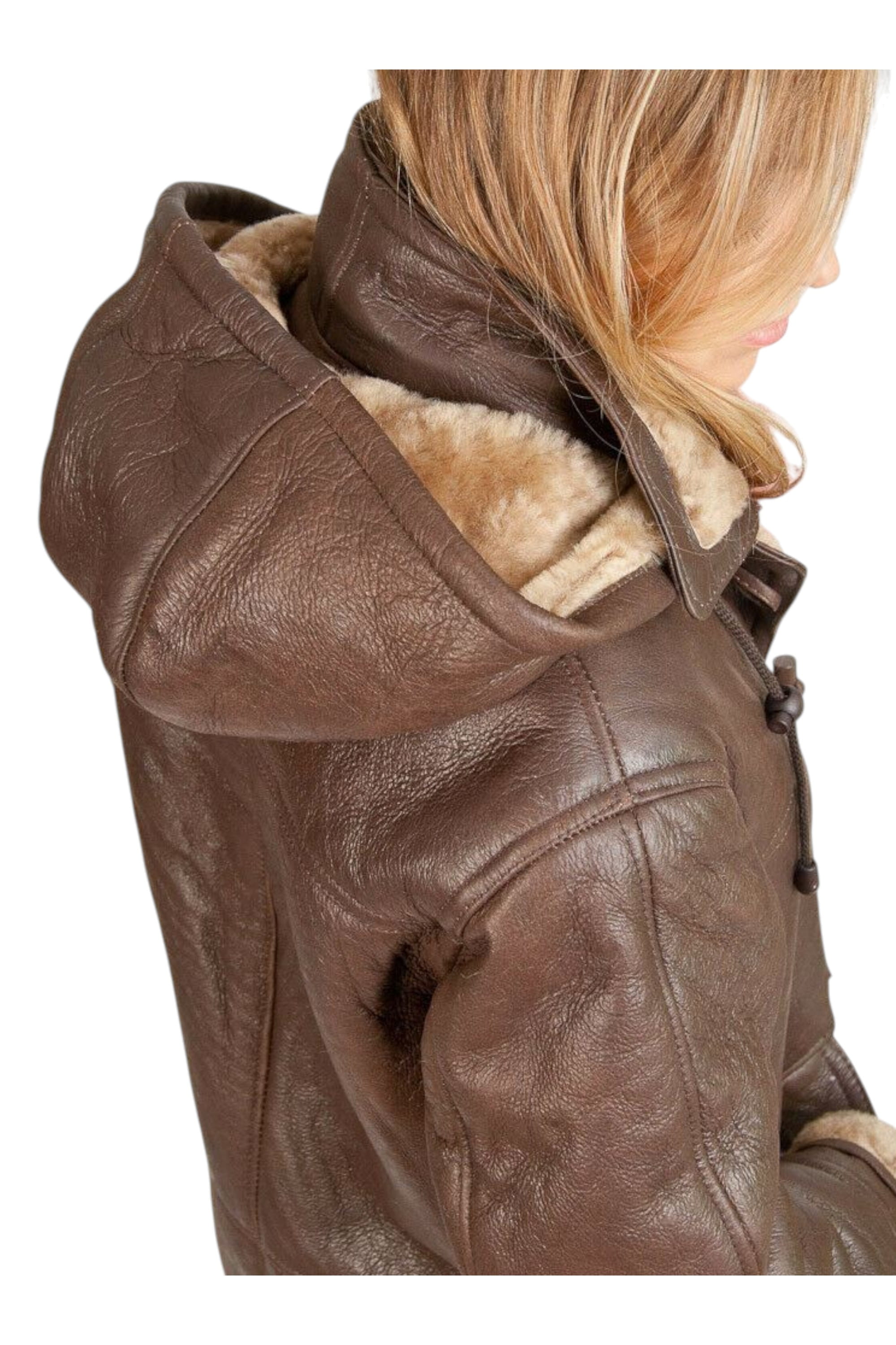 Brown Hooded Sheepskin Leather Coat - Canvas, Image 4 of 4