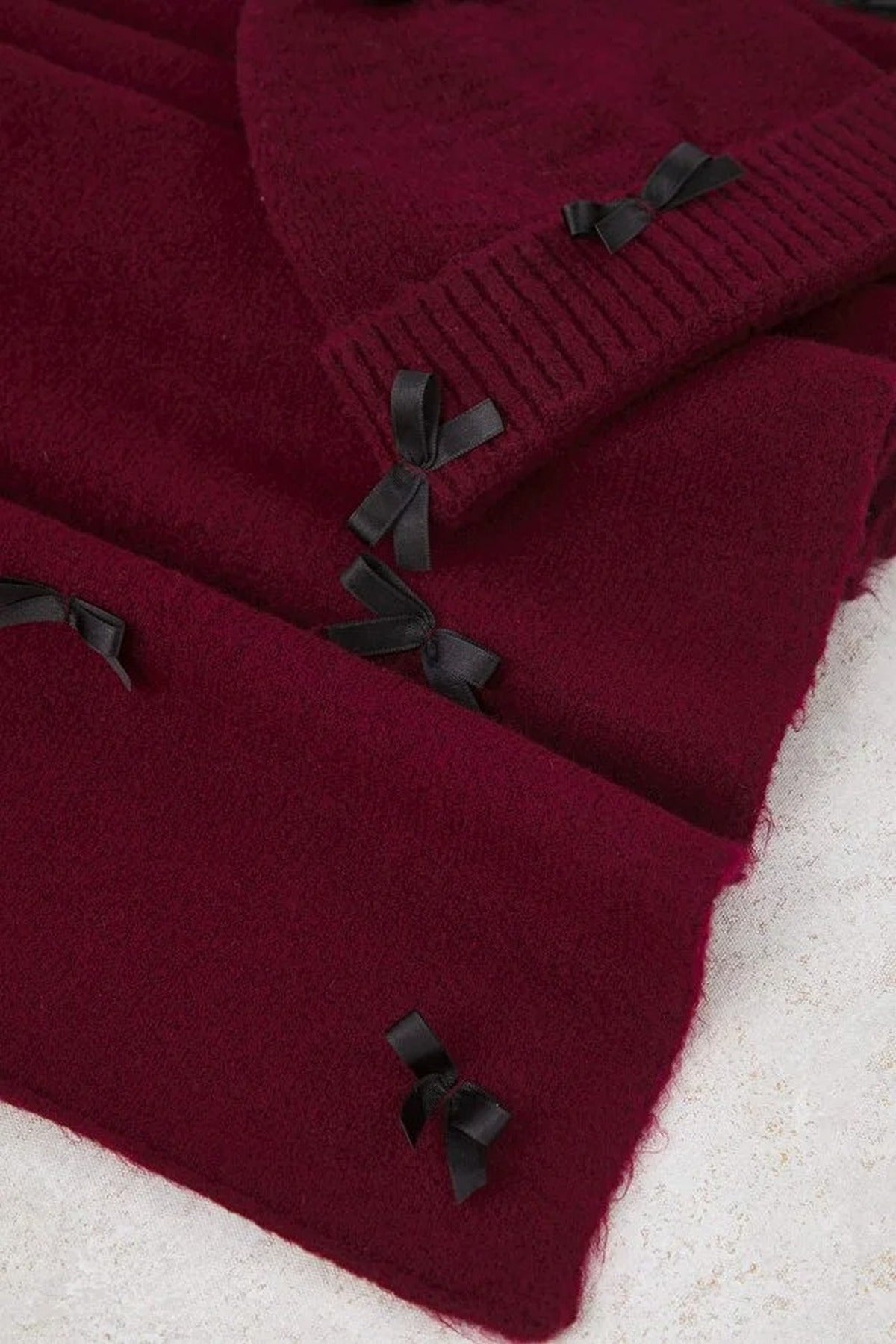 Burgundy WOVCOR Burgundy Ribbon Bow Detail Knit Scarf and Beanie Set, Image 3 of 4