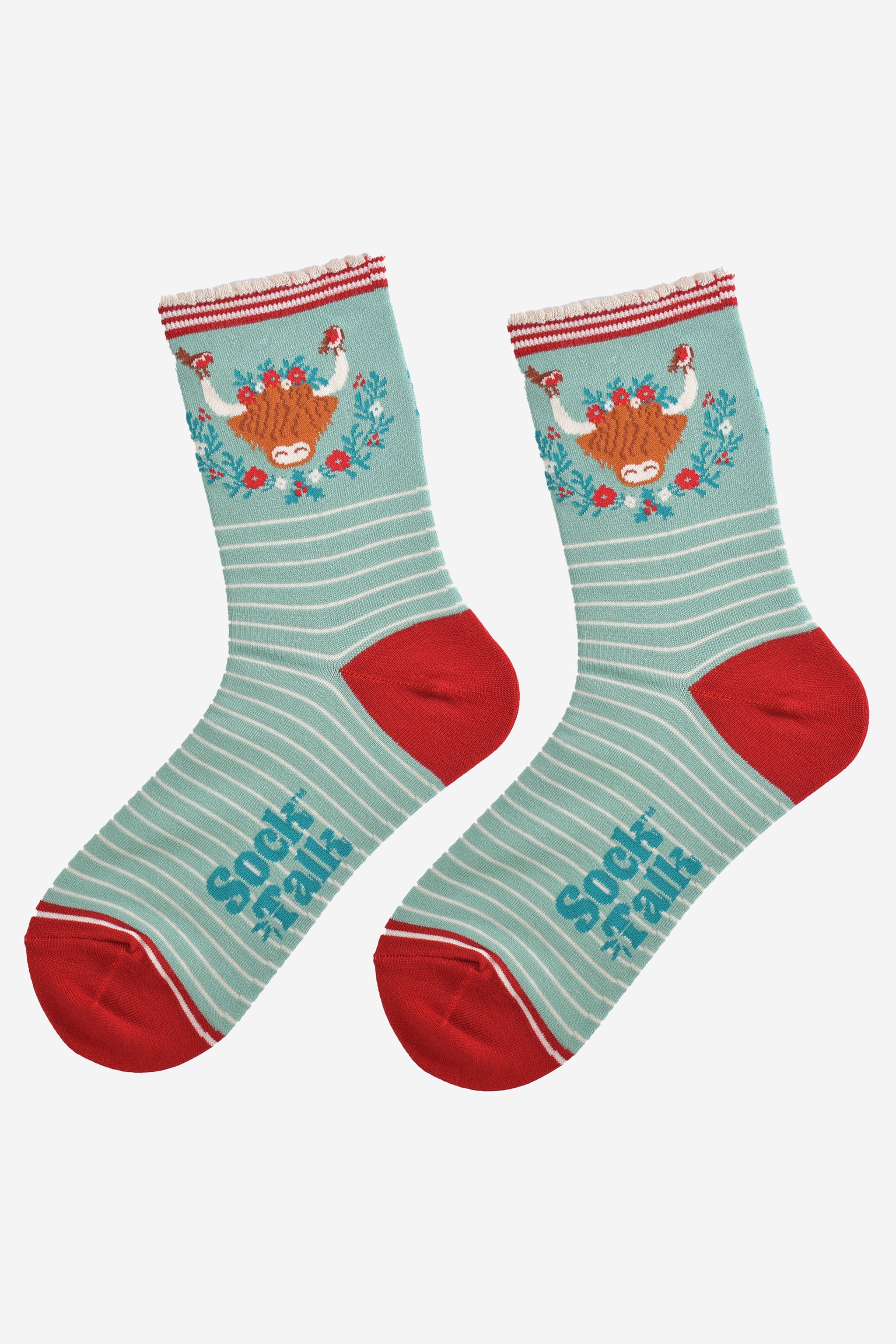 Green Highland Cow Christmas Wreath Bamboo Socks, Image 2 of 5