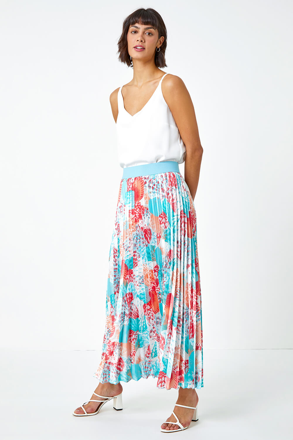 Turquoise Seashell Print Pleated Maxi Skirt, Image 3 of 5