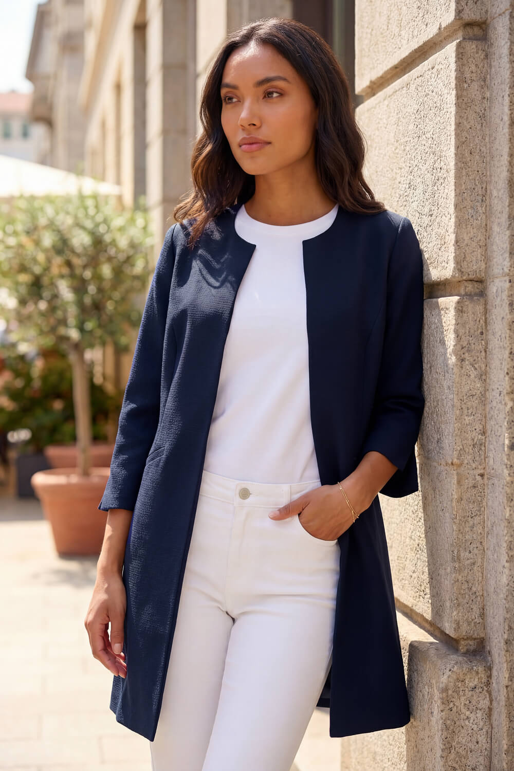 Navy  3/4 Sleeve Textured Longline Jacket, Image 3 of 4