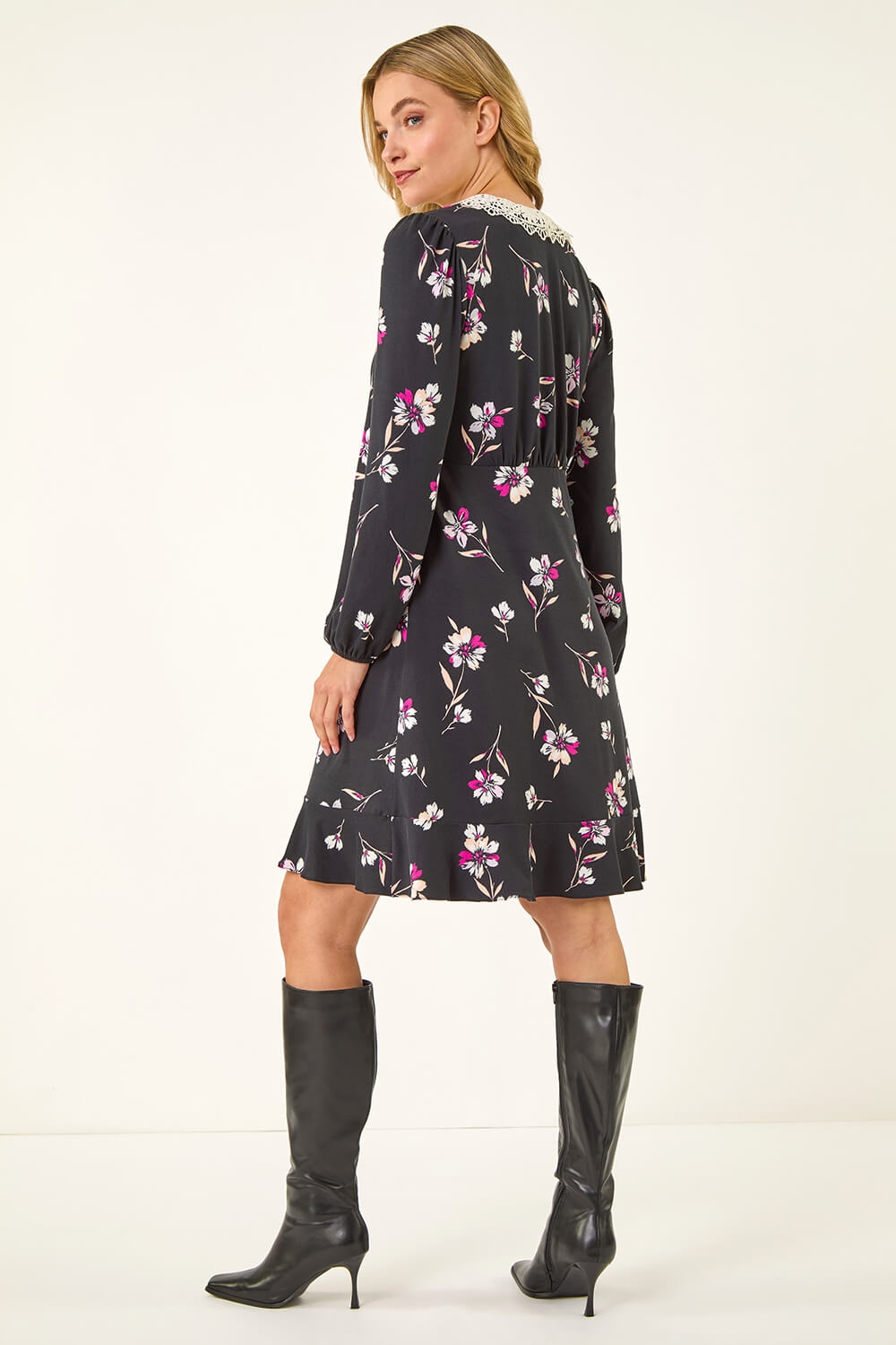 Black Dusk Lace Collar Floral Print Dress, Image 4 of 5