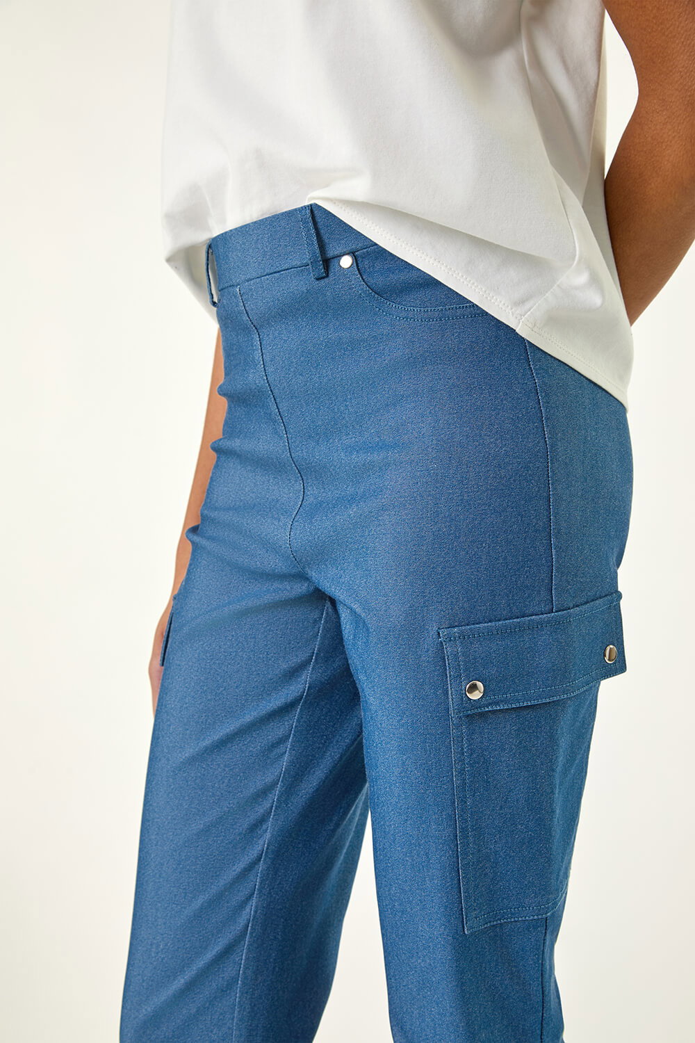 Denim Turn Up Stretch Cropped Cargo Trousers, Image 6 of 5