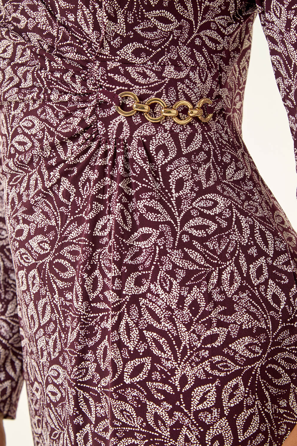 Burgundy Leaf Print Chain Detail Dress, Image 6 of 5
