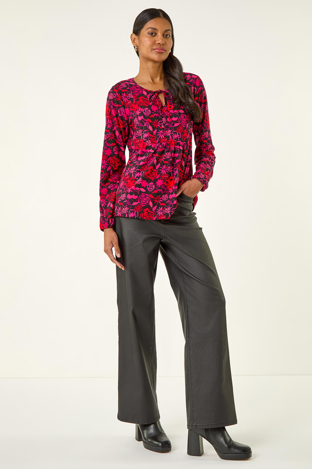 PINK Floral Tie Neck Top, Image 3 of 5