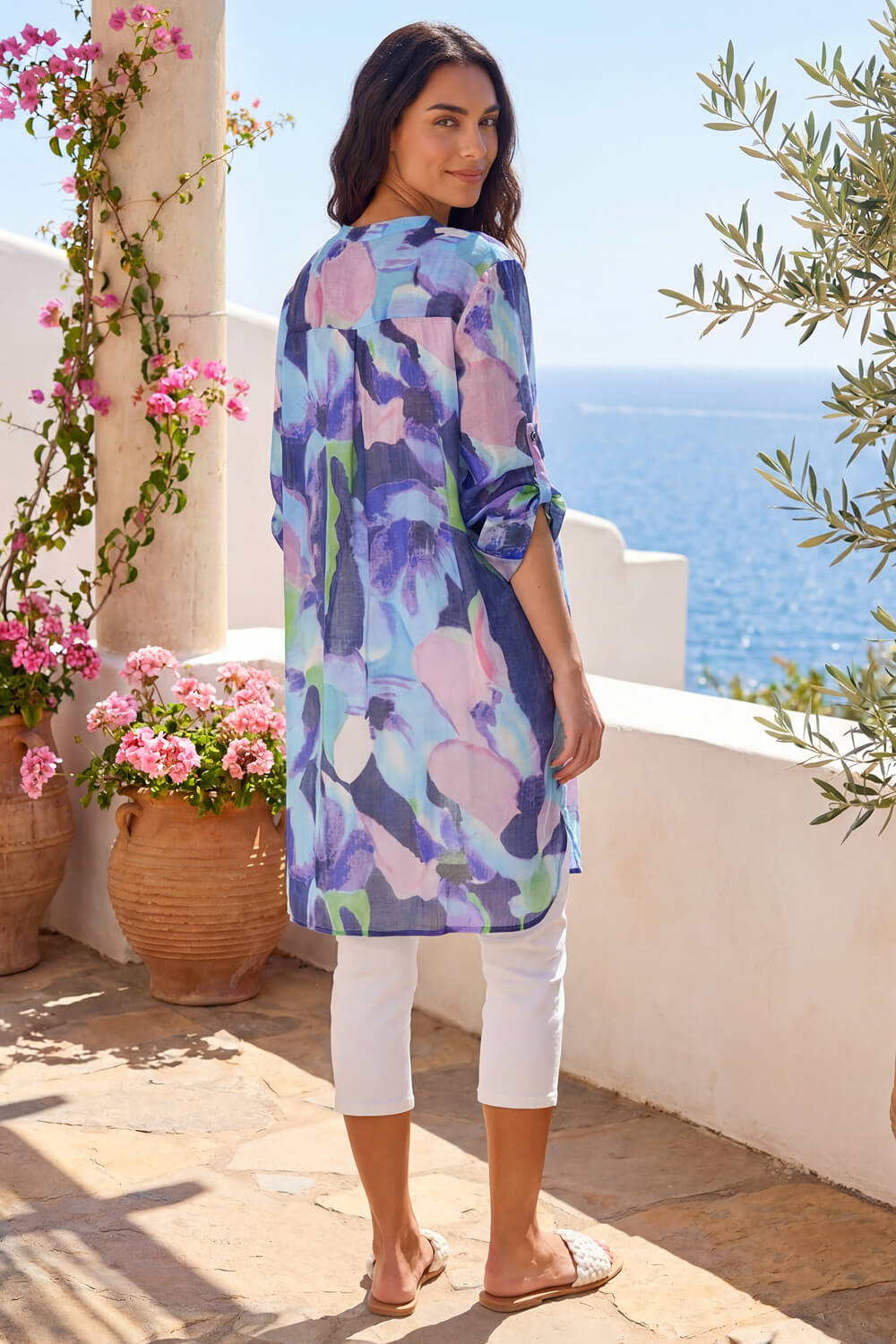 Purple Abstract Print Button Up Longline Blouse, Image 4 of 4