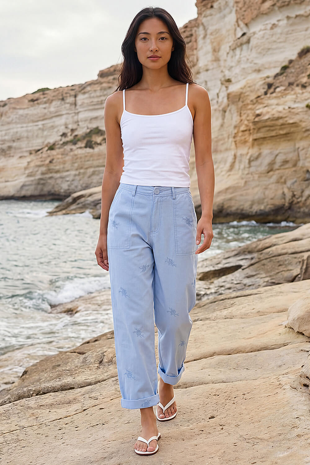 Blue Petite Cotton Embroidered Trouser , Image 1 of 4