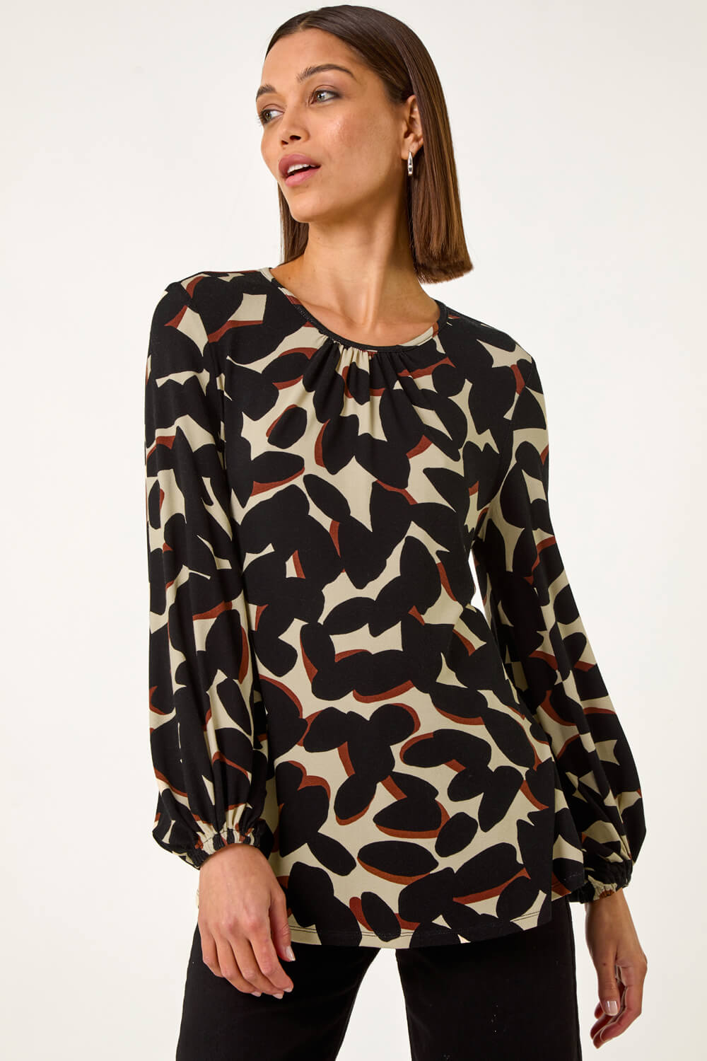 Black Abstract Print Textured Top, Image 1 of 5