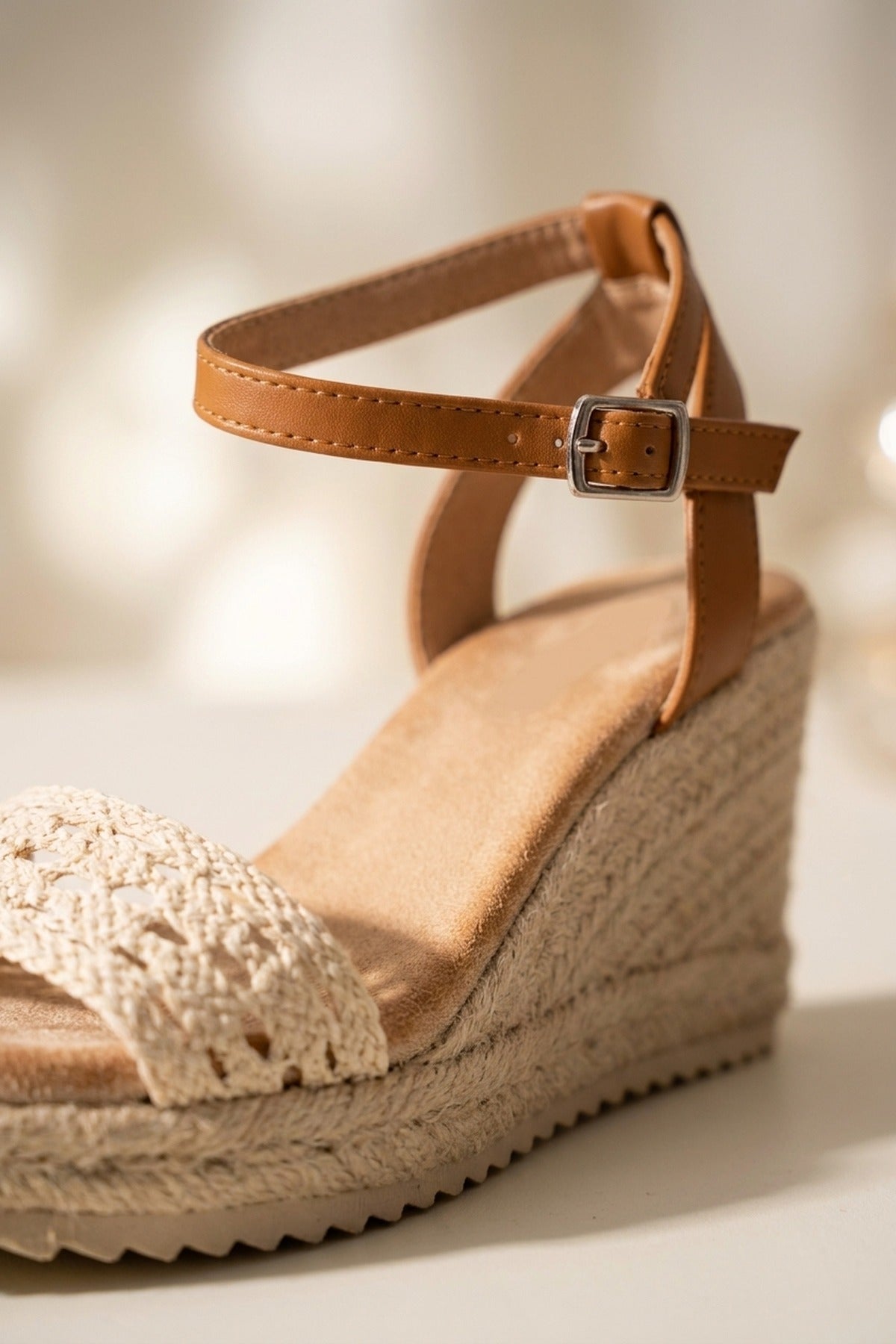 Beige Pearl Crochet Strap Espadrille Wedge Sandals, Image 3 of 5