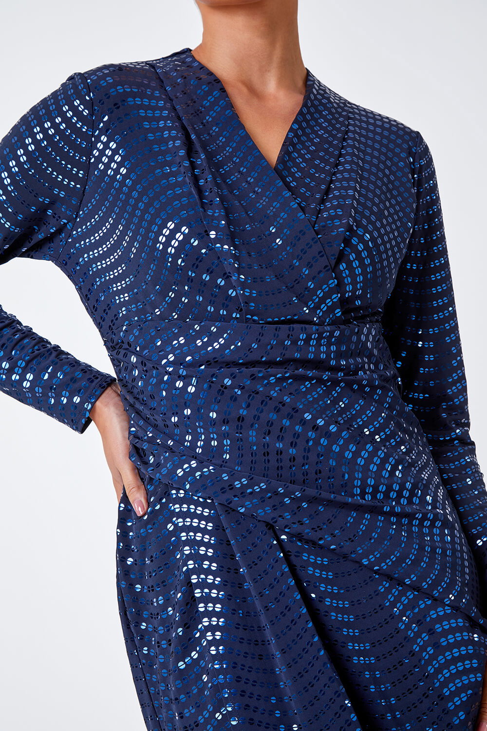 Midnight Blue Petite Sequin Wrap Midi Dress, Image 6 of 5