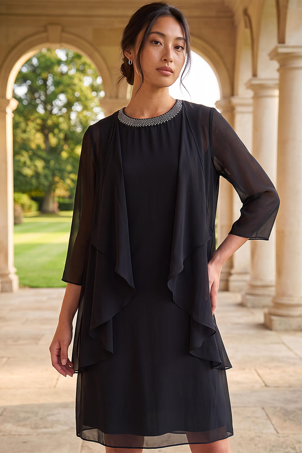 Roman Petite Women's Black 2-In-1 Neck Trim Shift Dress Size 16