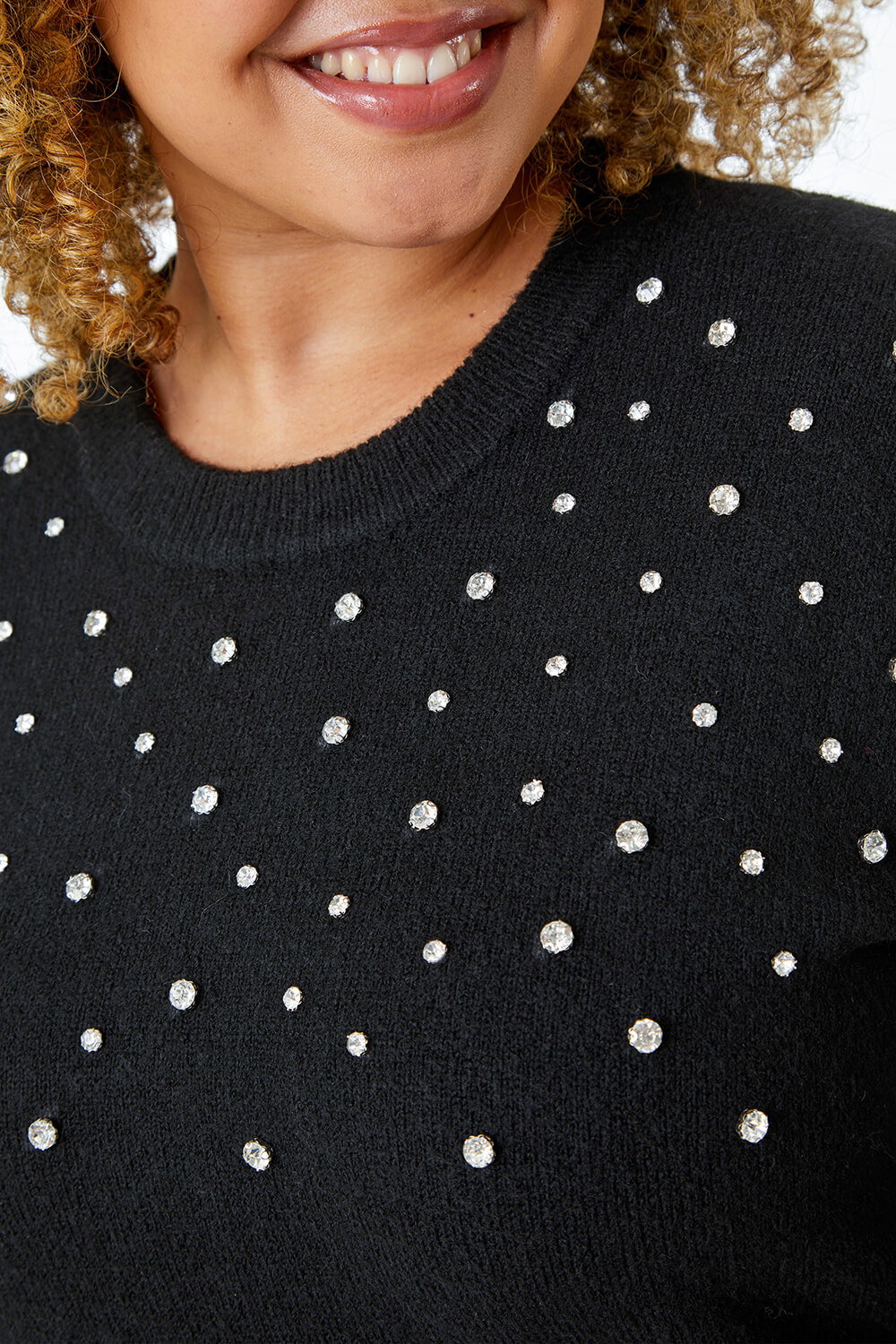 Black Curve Diamante Embellished Jumper, Image 6 of 5