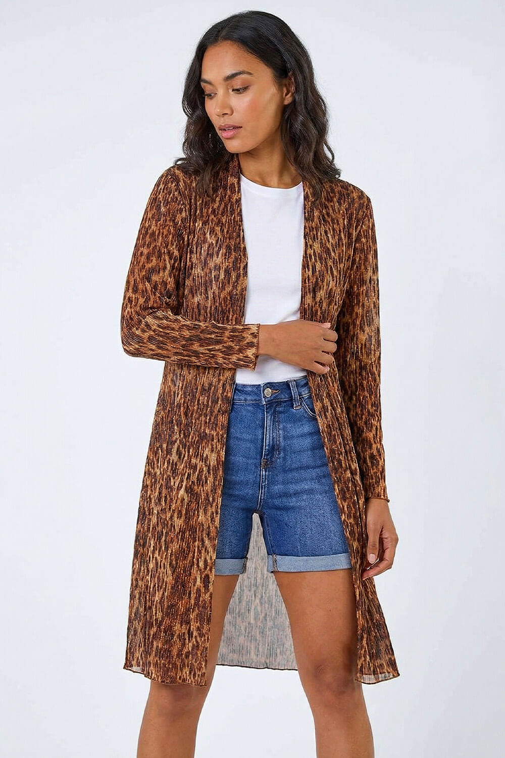 Tan Metallic Animal Print Plisse Kimono, Image 5 of 5