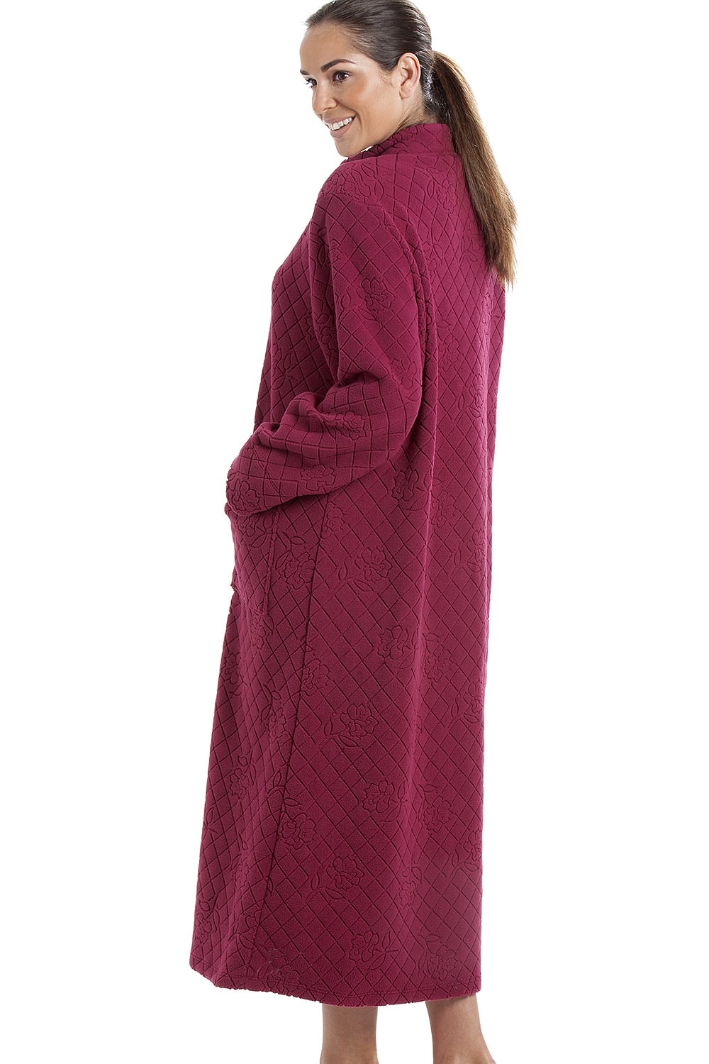 Burgundy Camille Lingerie Burgundy Soft Fleece Floral Button Up Housecoat, Image 3 of 5