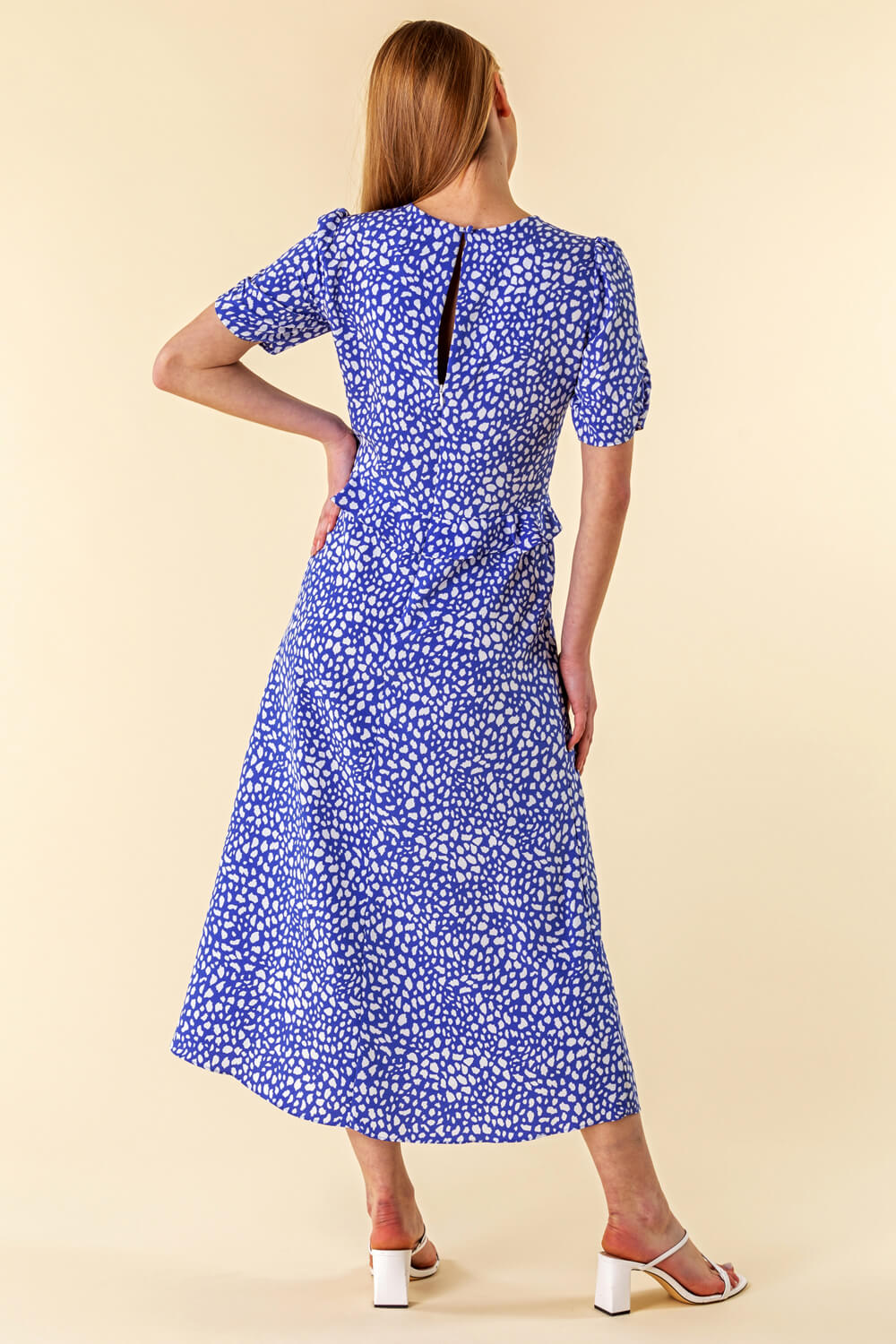 Royal Blue Animal Print Frill Detail Midi Dress, Image 3 of 4