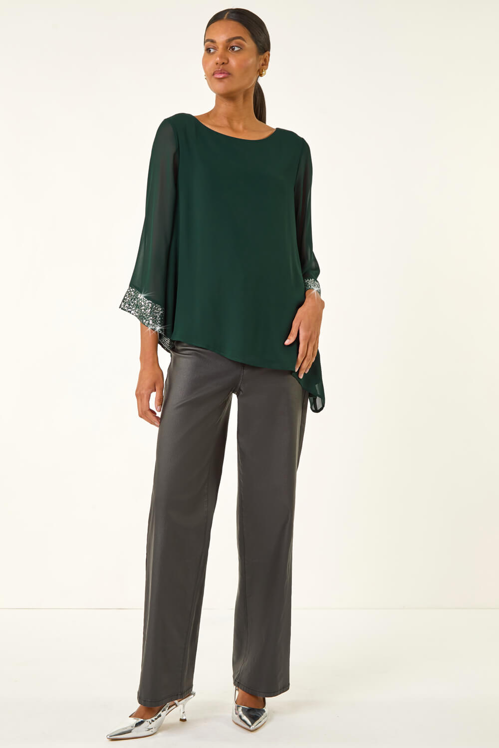 Teal Asymmetric Sequin Cuff Top, Image 3 of 5