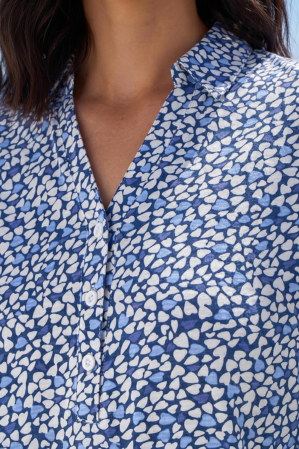 Blue Heart Print Collared Top, Image 5 of 4