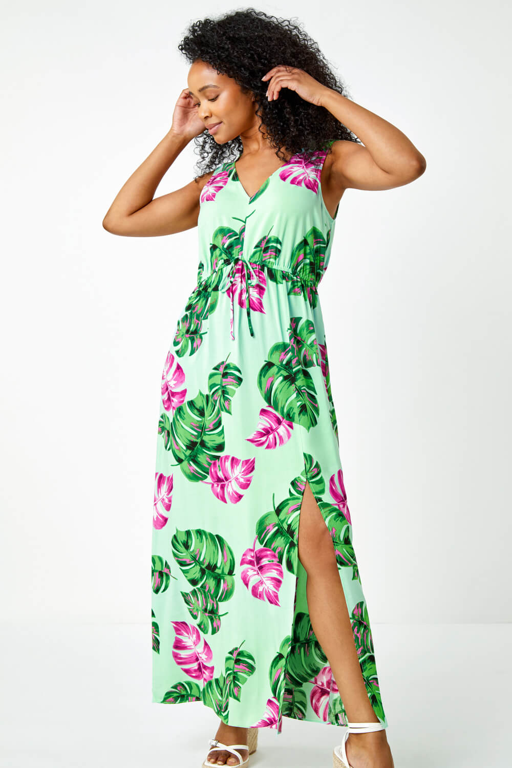 Blue Petite Palm Print Stretch Maxi Dress, Image 1 of 5