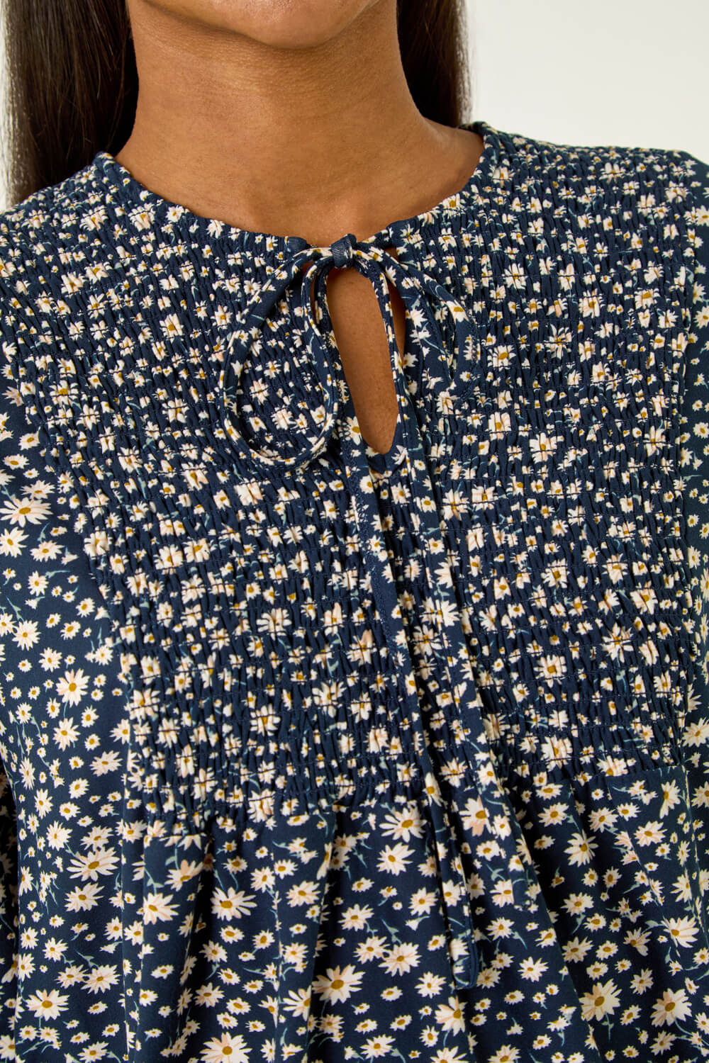 Navy Printed Shirred Tie Neck Top, Image 6 of 5