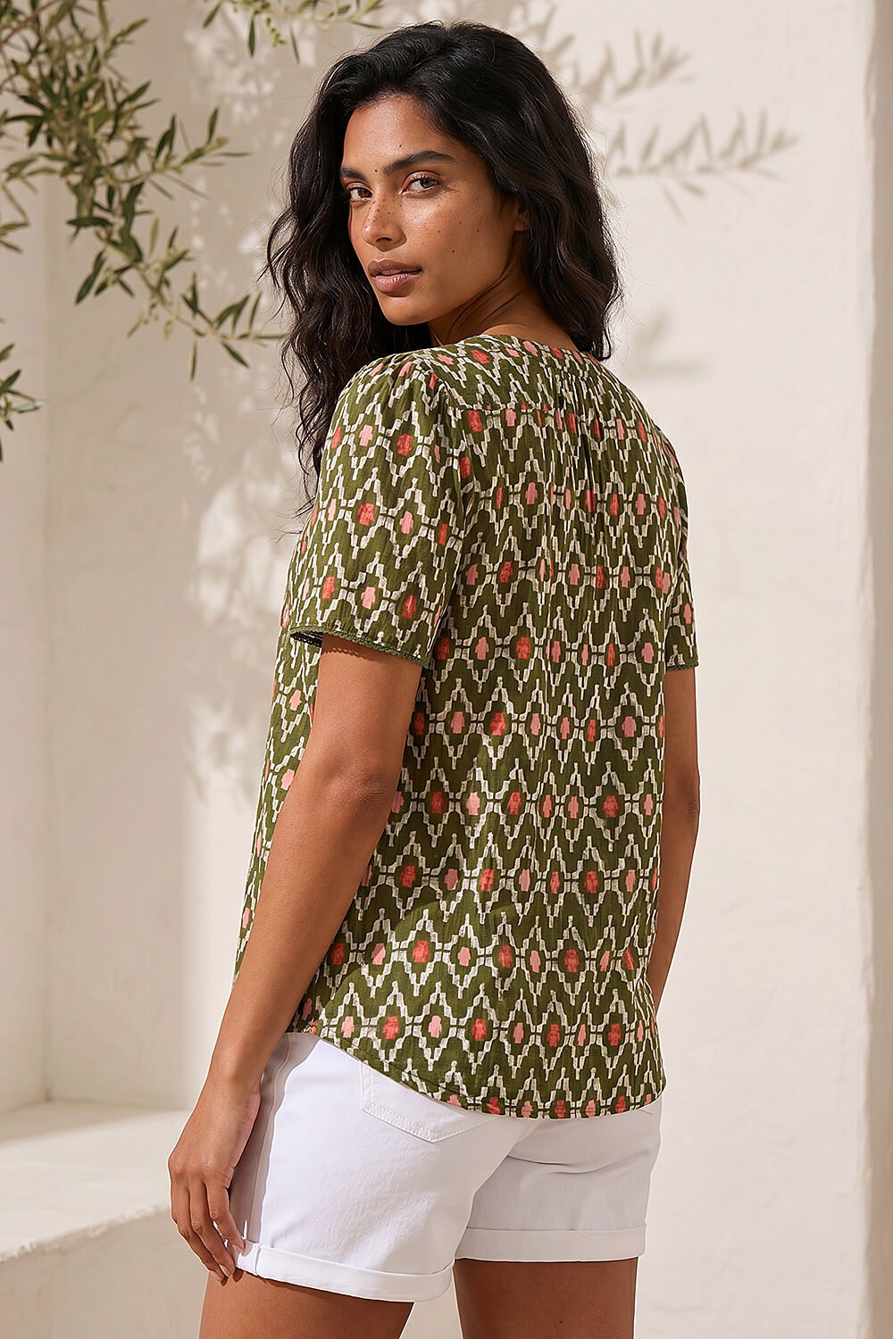 Khaki Printed Shirred Shoulder Blouse, Image 4 of 4