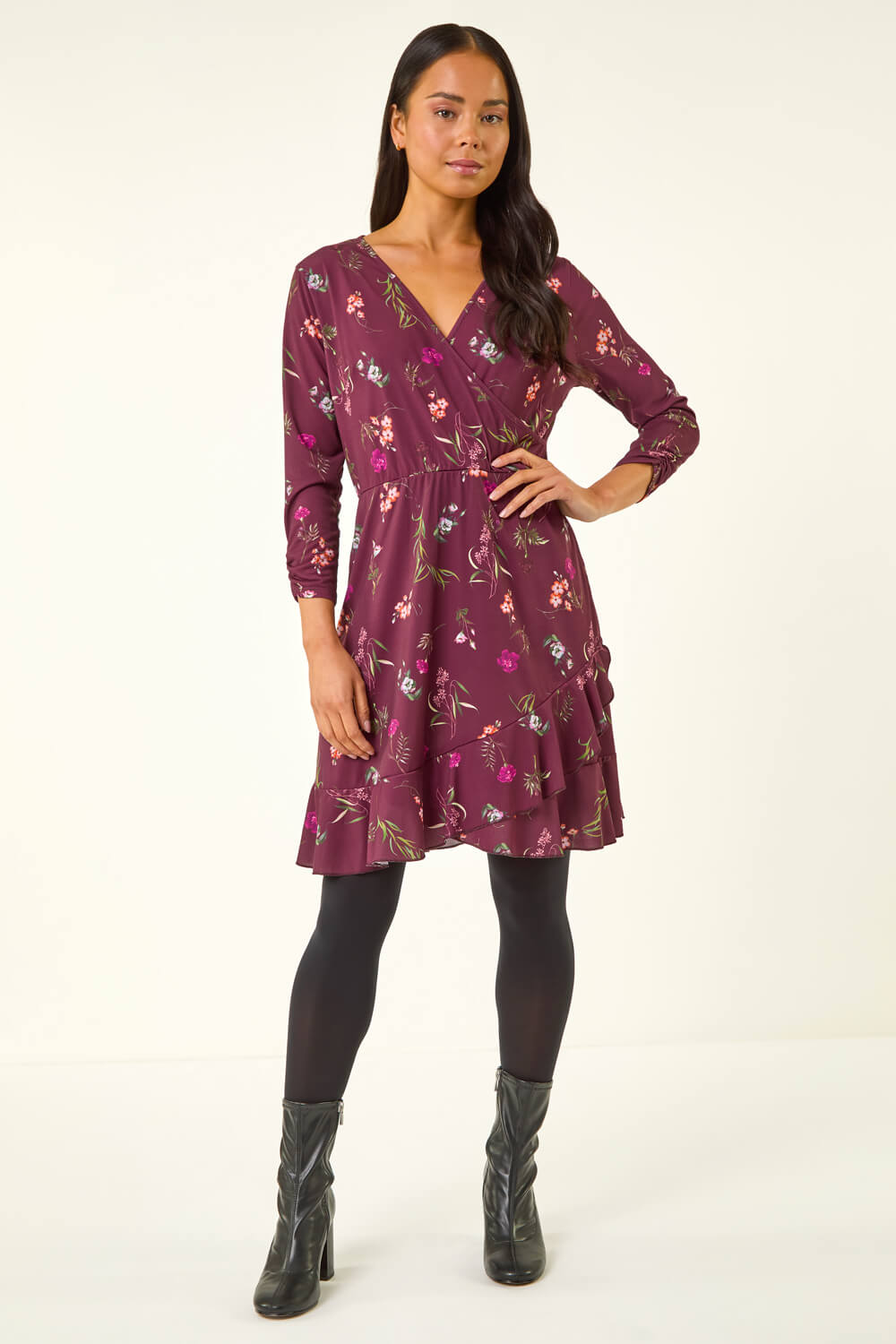 Roman Petite Women's Wine Floral Wrap Frill Stretch Dress Size 16
