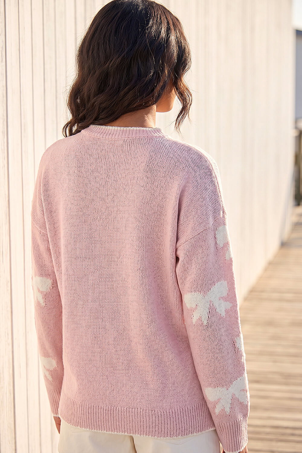 Light Pink Bow Contrast Stitch Knit Jumper, Image 4 of 4