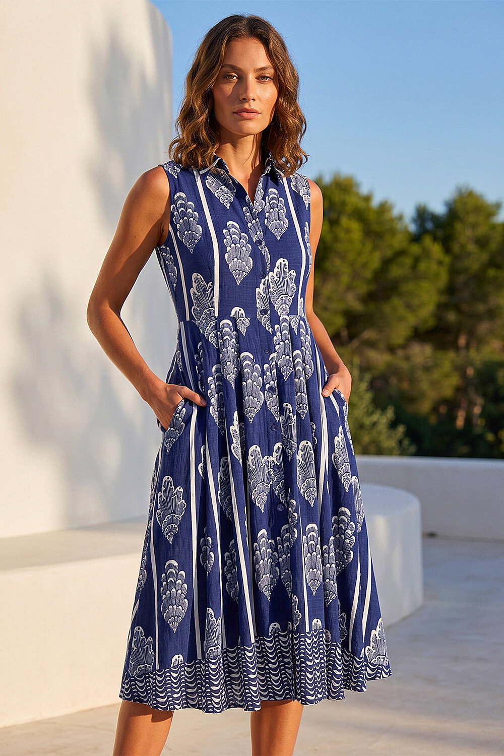 Navy Petite Shell Print Dress, Image 3 of 5