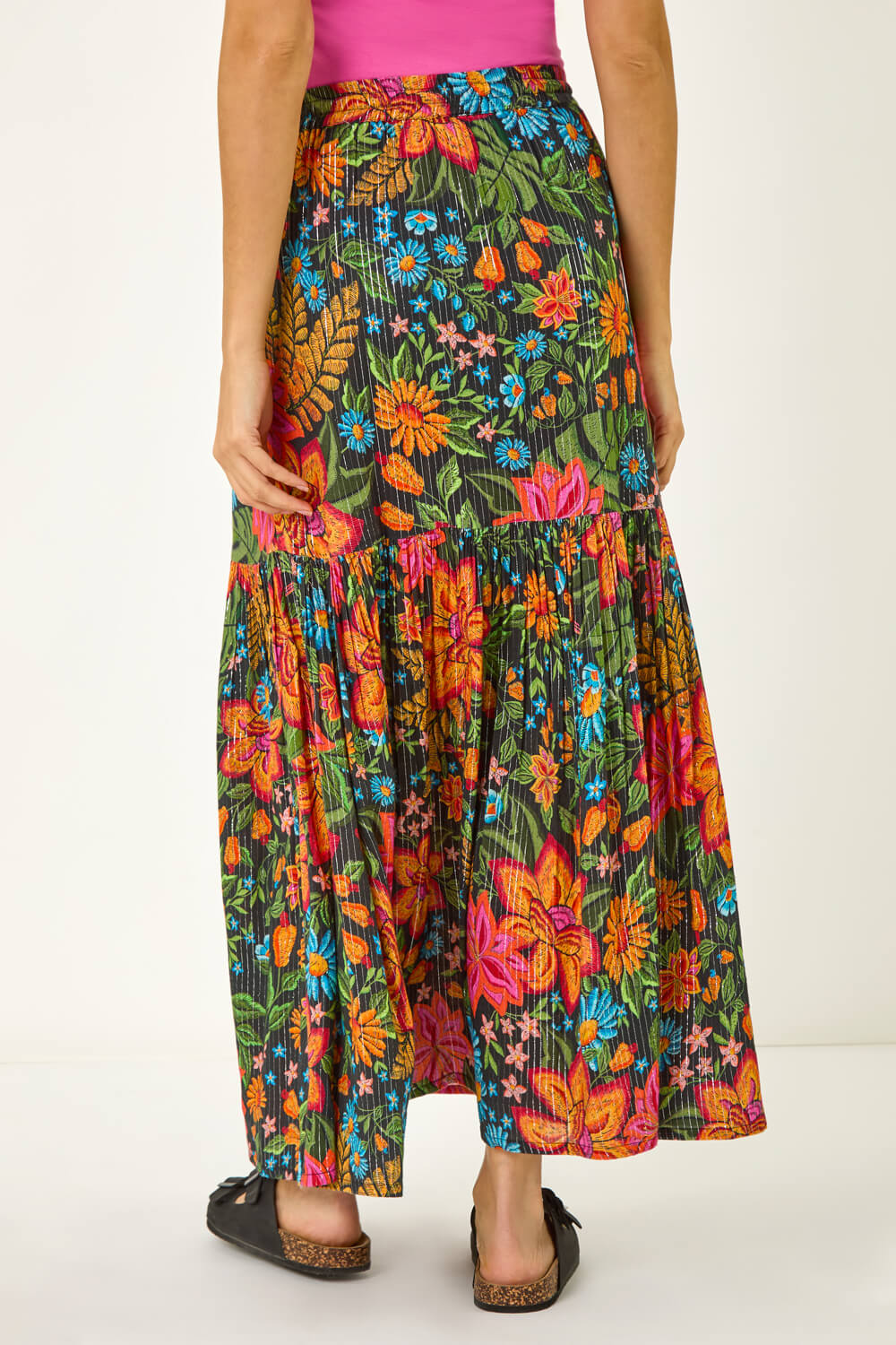 Black Floral Print Tiered A-Line Skirt, Image 5 of 7