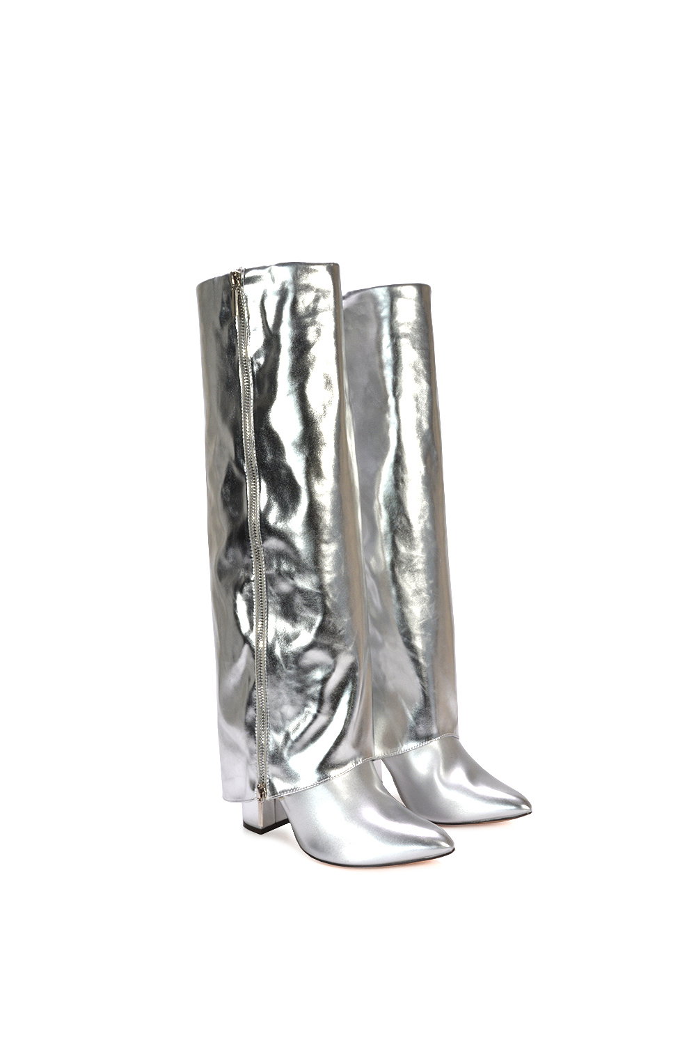 Silver 'Allie' Knee High Boots Fold Over Point Toe Deco Zip, Image 3 of 6
