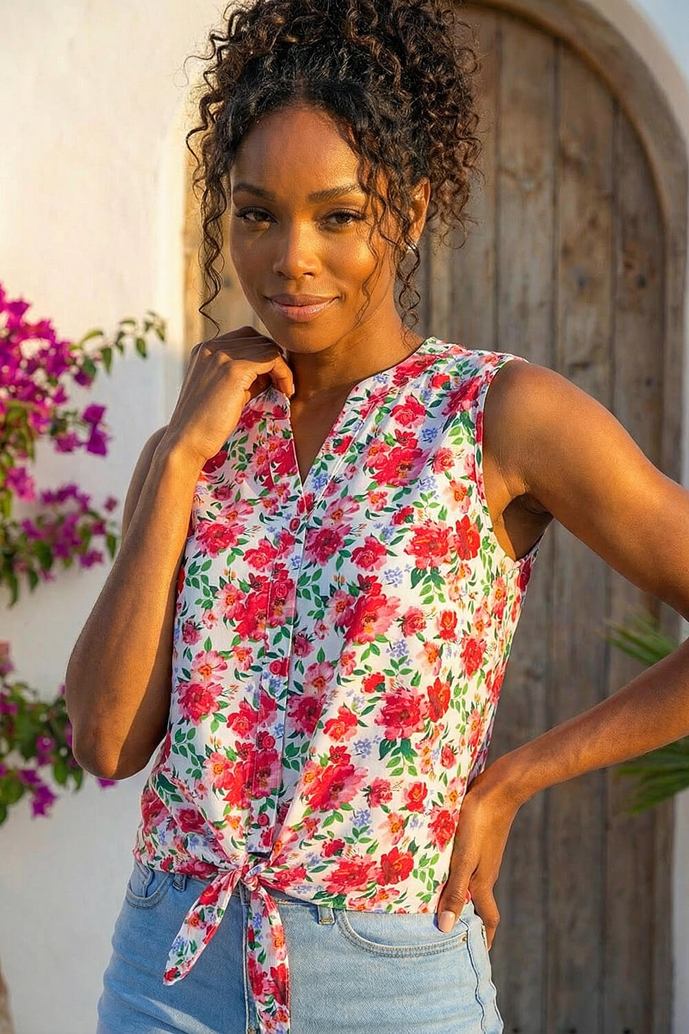 Red Floral Tie Front Blouse, Image 3 of 4