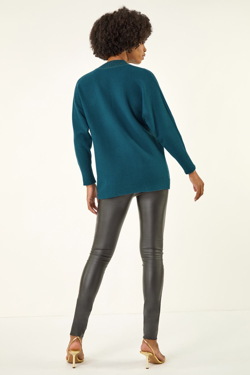 Teal Metallic Tie Front Knitted Jumper , Image 4 of 5