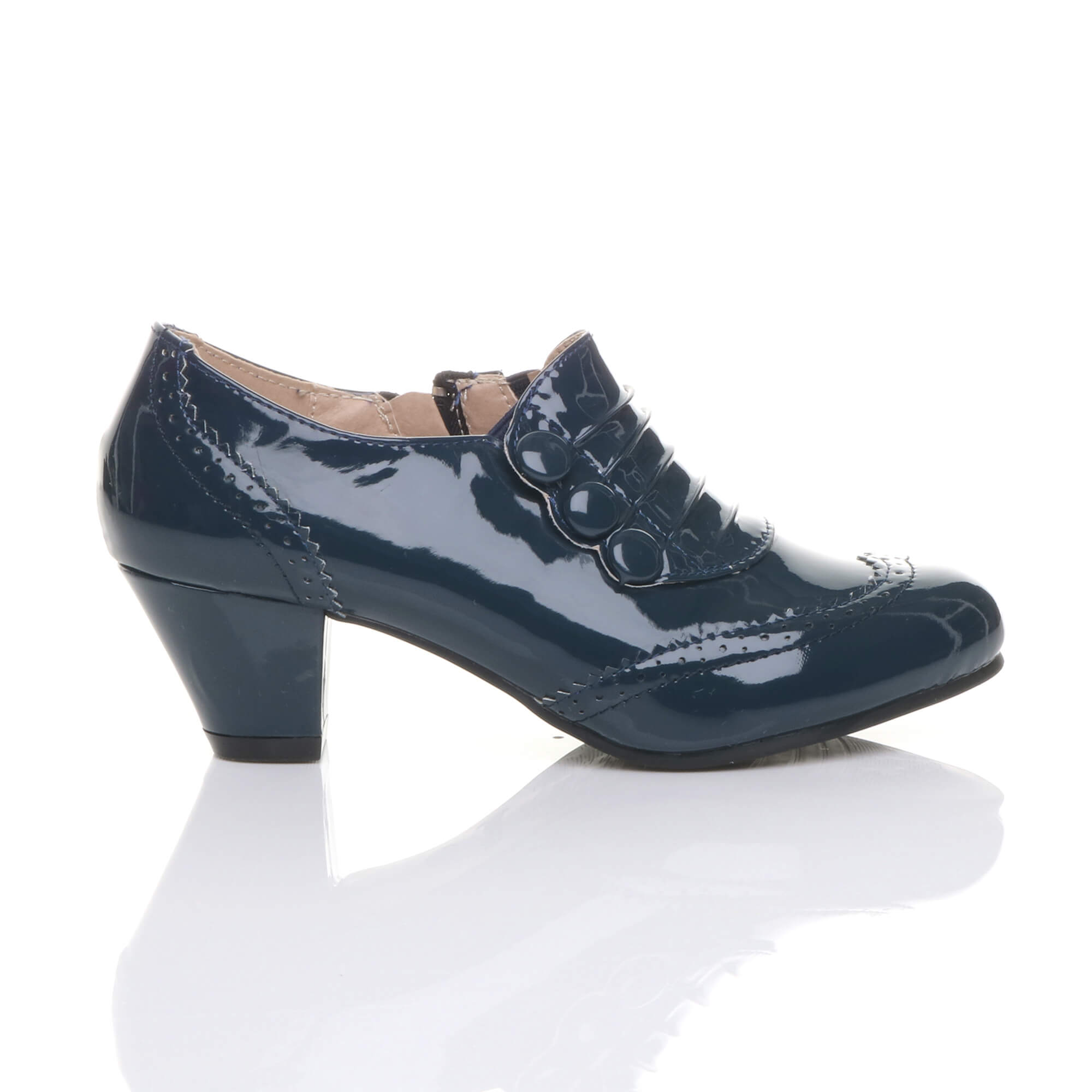 Navy Blue AJVANI Navy Blue Mid Cuban Heel Brogue Button Ankle Boots, Image 2 of 6
