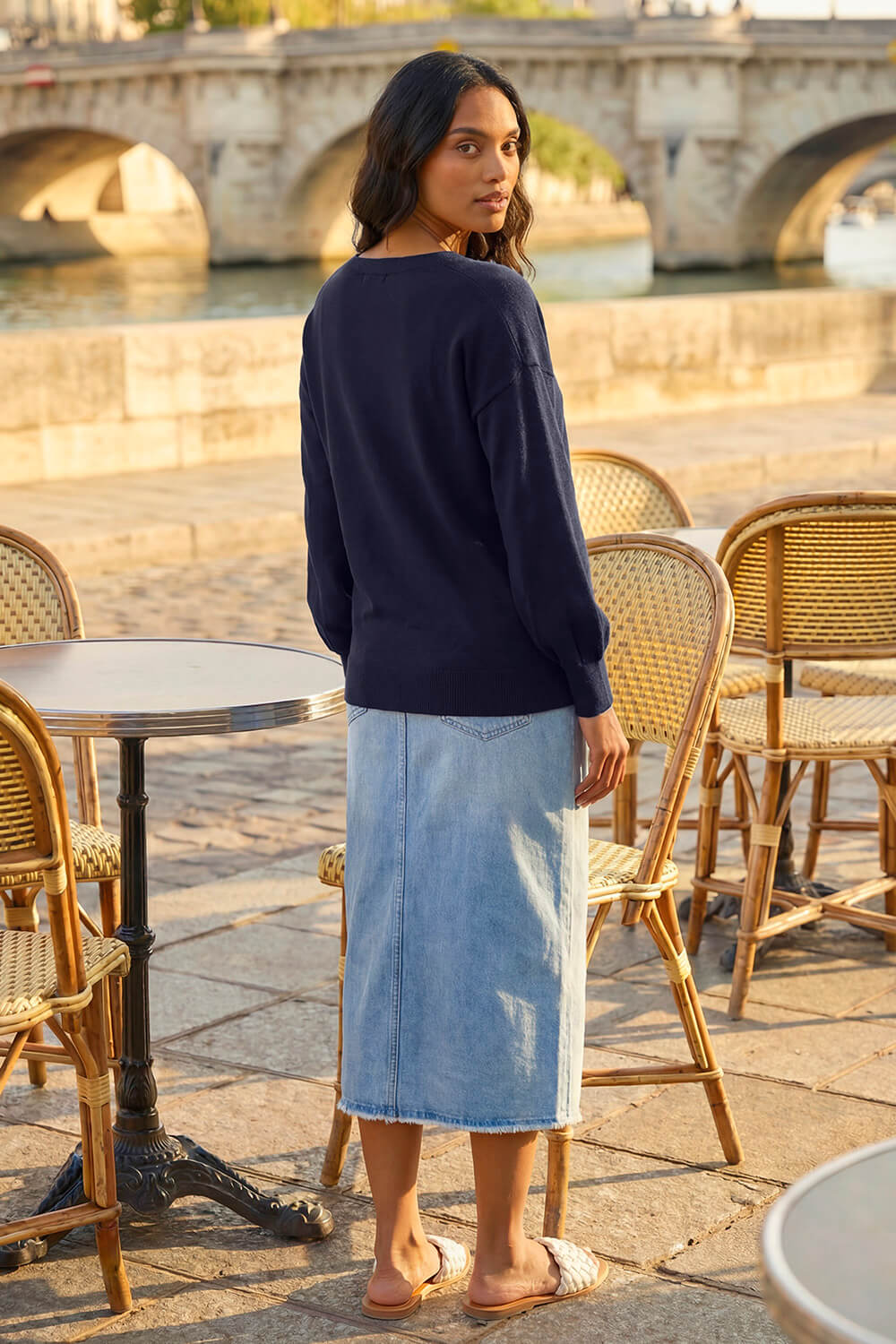 Navy Plain Stretch V-Neck Longline Jumper, Image 4 of 4