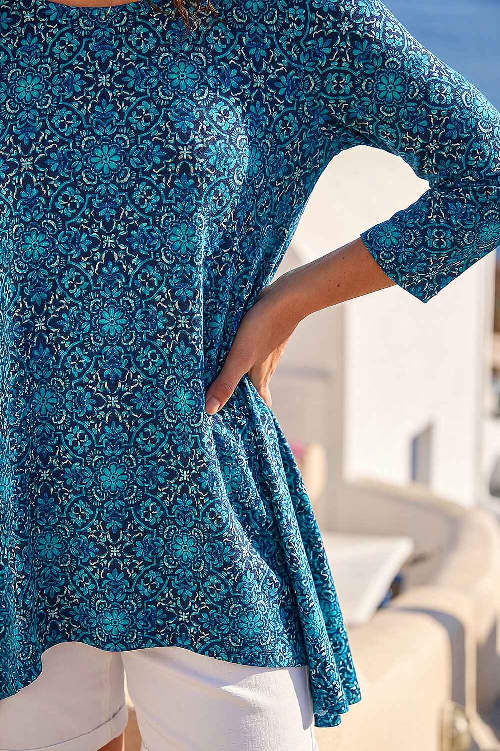 Blue Printed Hanky Hem Tunic Top, Image 5 of 4
