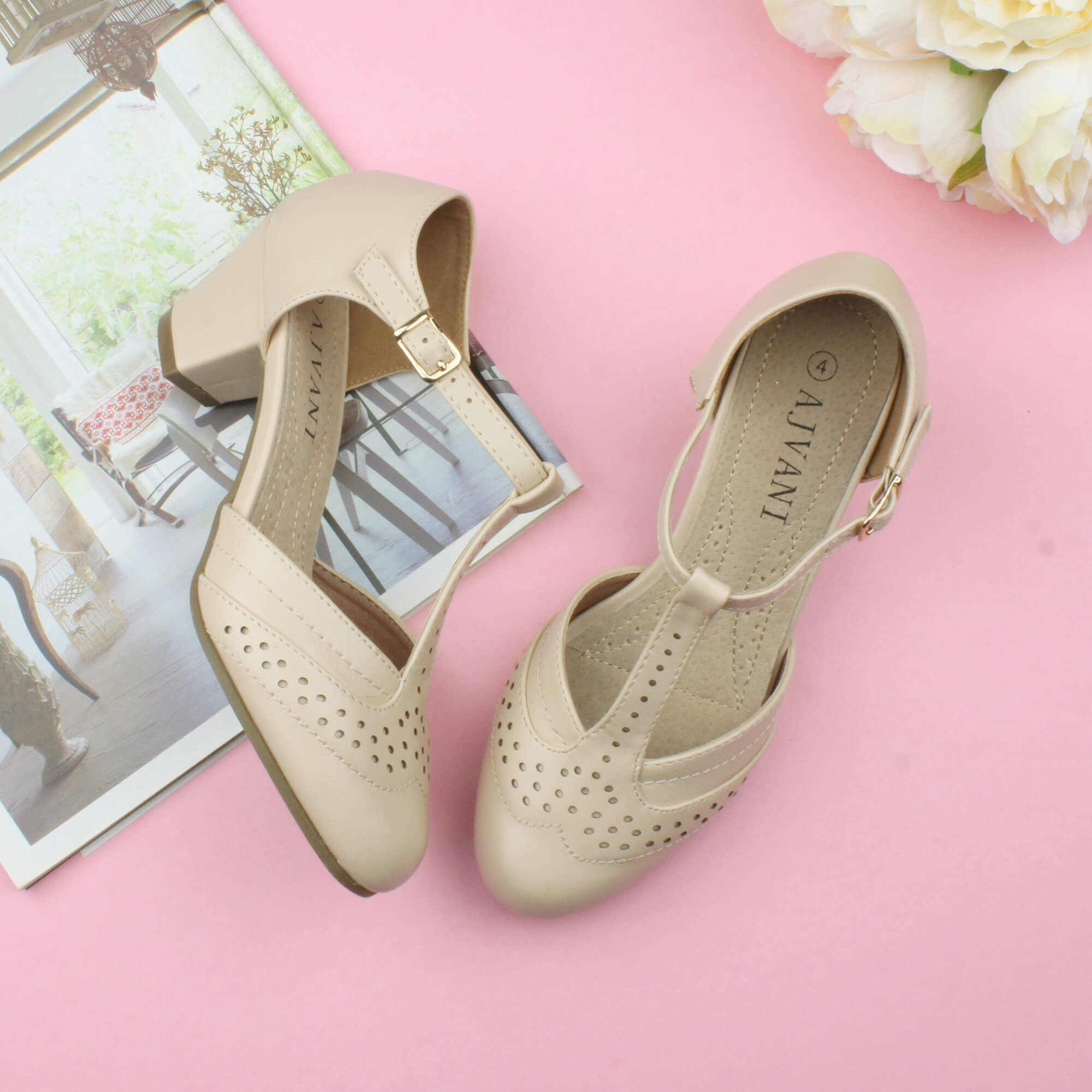 Natural Mid Heel Comfort T-Bar Brogue Heels, Image 4 of 6