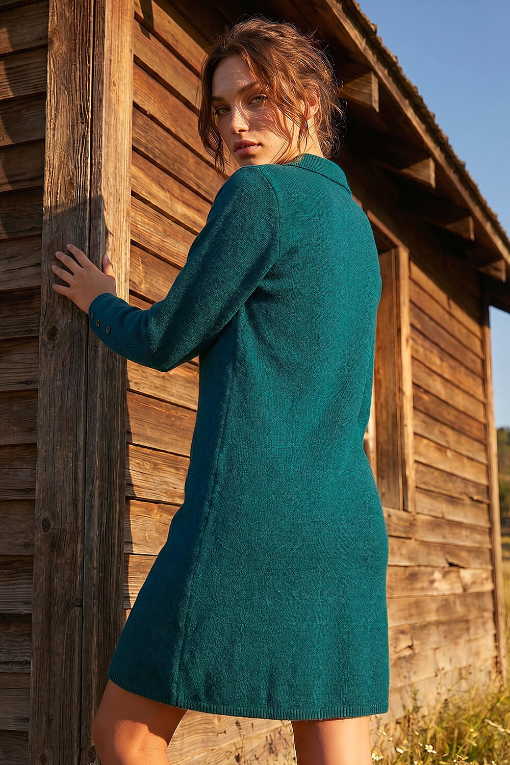 Dark Green Petite Button Collar Knit Dress, Image 4 of 4