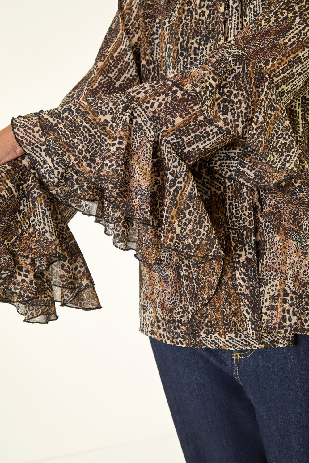 Beige Animal Print Tie Front Flared Top, Image 6 of 5