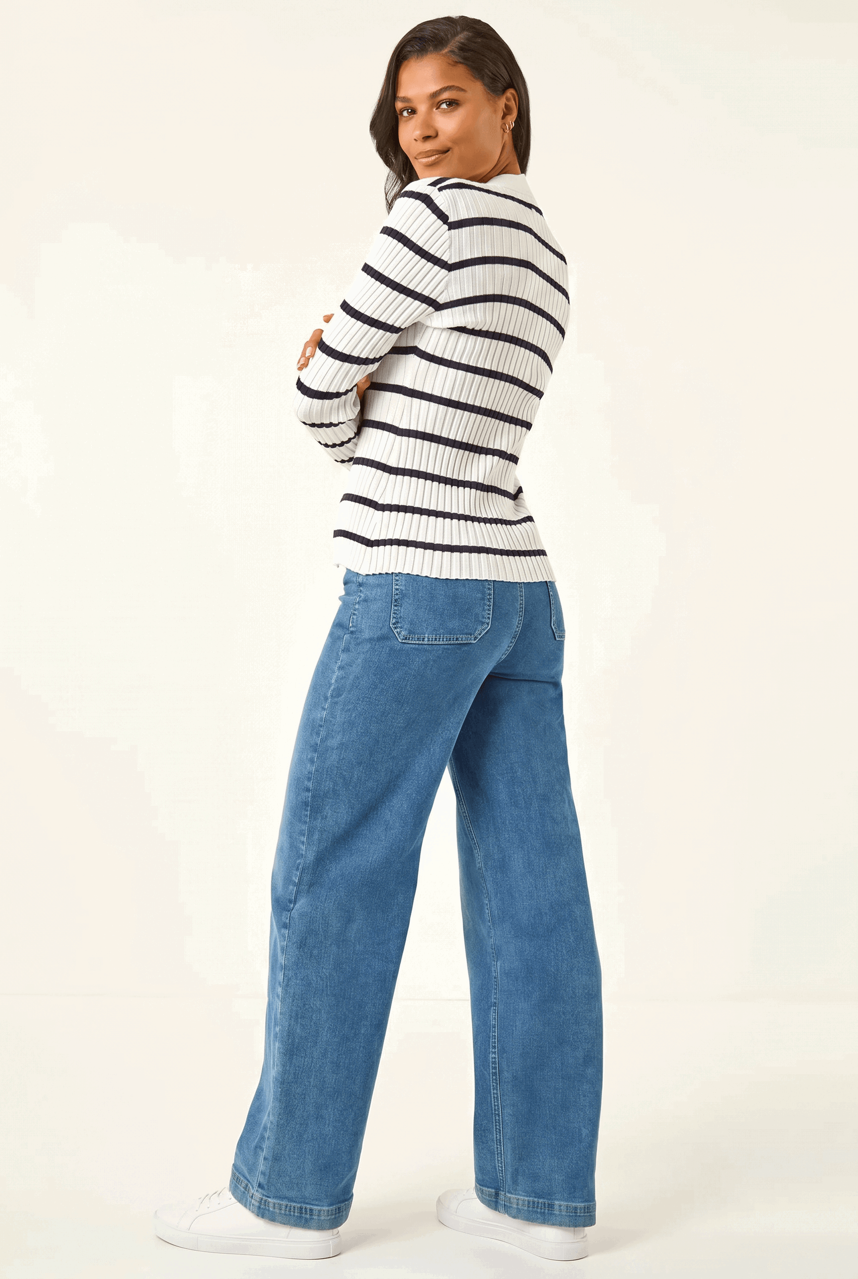 White Stripe Cable Split Detail Rib Jumper, Image 4 of 5