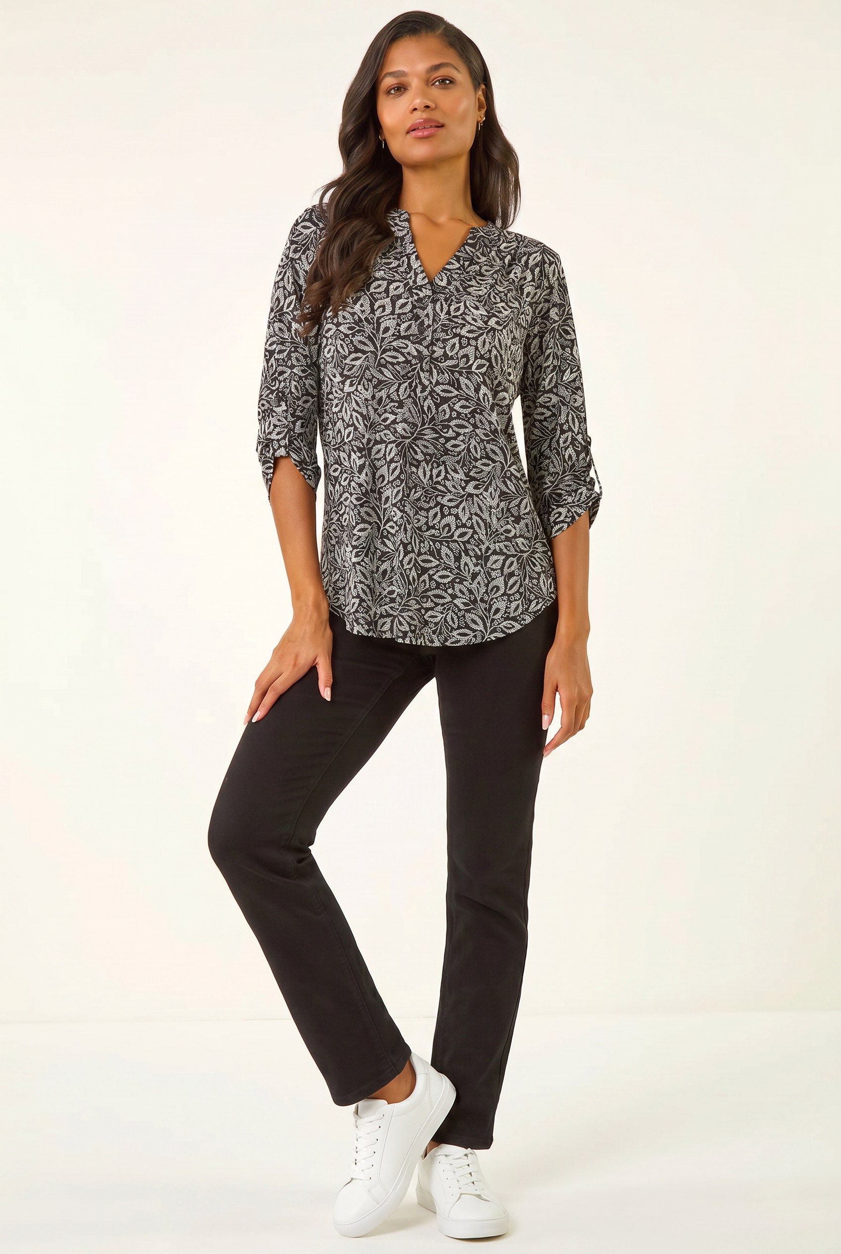 Black Printed V-Neck Stretch Top, Image 3 of 5