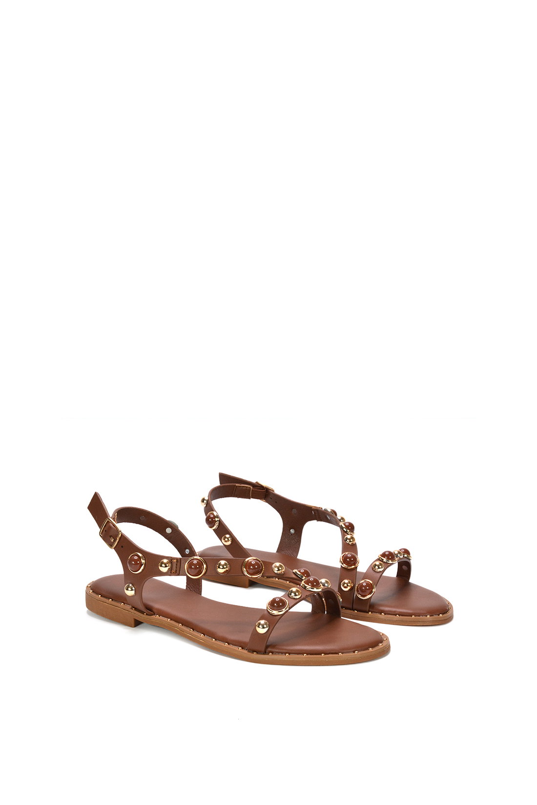 Brown XY LONDON Brown Flat Slingback Sandals With Studded Pearls, Image 3 of 6