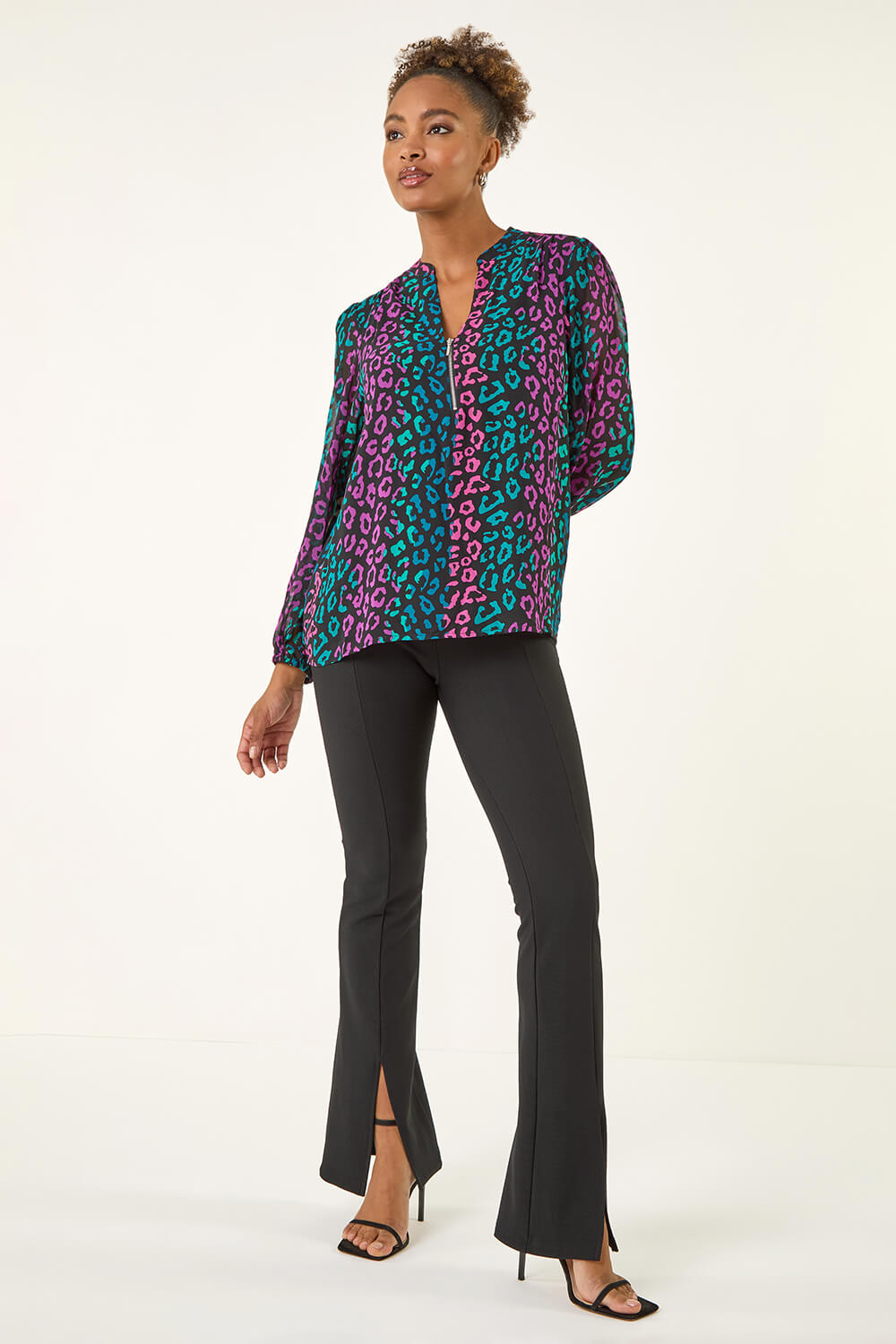 Teal Animal Print Zip Front Top, Image 3 of 5