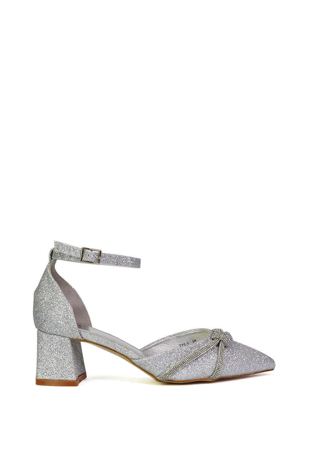 Silver 'Sarah' Ankle Strap Pointed Toe Diamante Mid Block Heels, Image 1 of 5