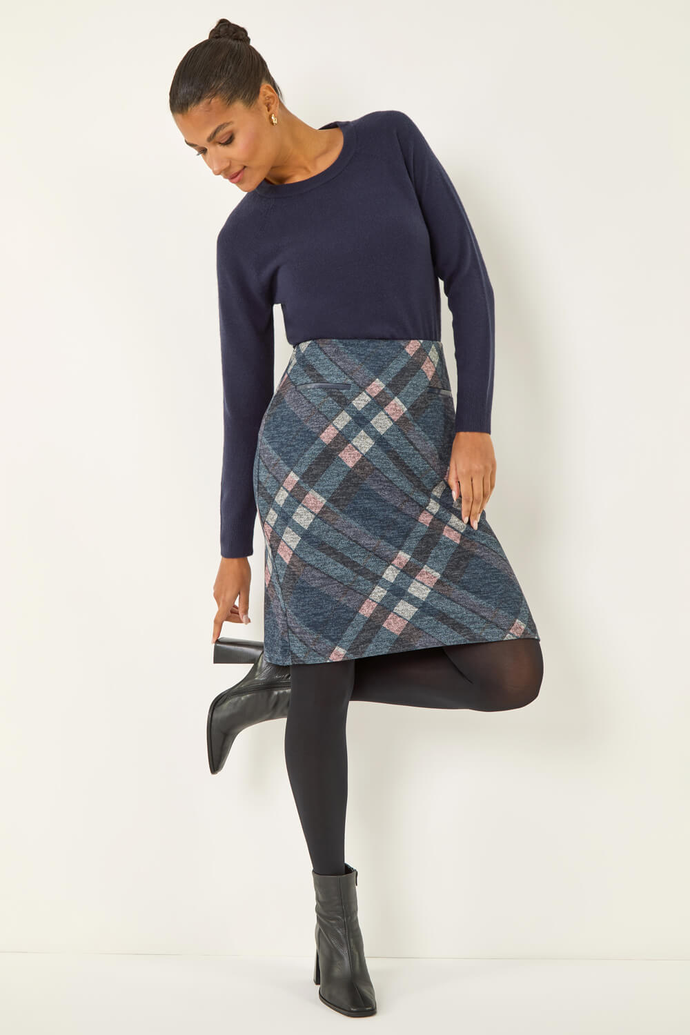 Navy Check Print Brushed Skirt, Image 3 of 5