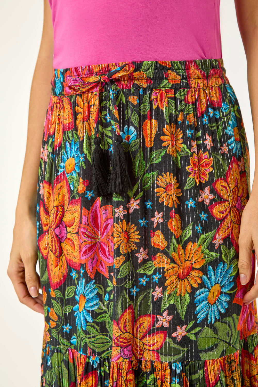 Black Floral Print Tiered A-Line Skirt, Image 6 of 7