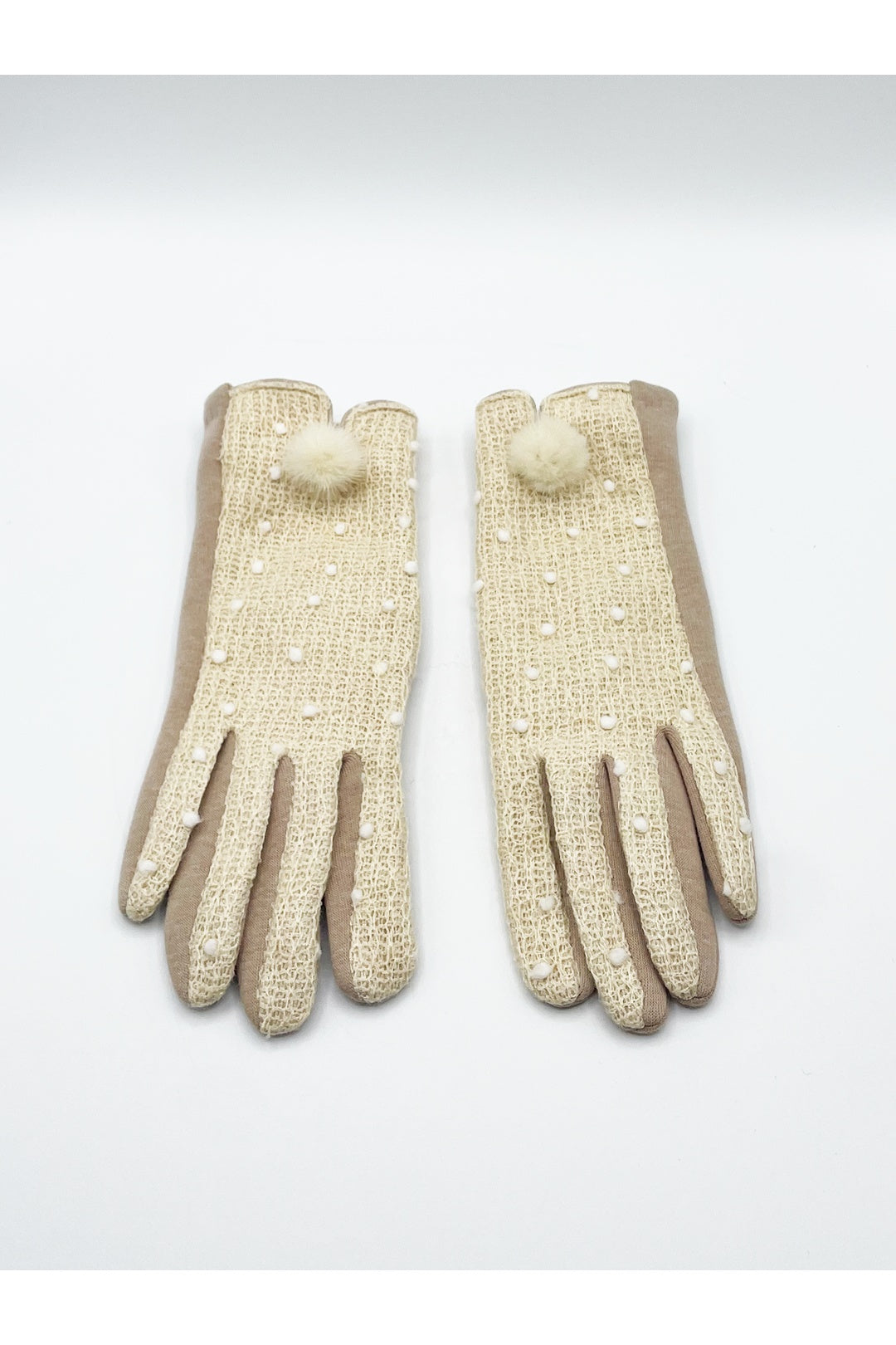 Beige Crochet Gloves With Pom Pom, Image 3 of 6