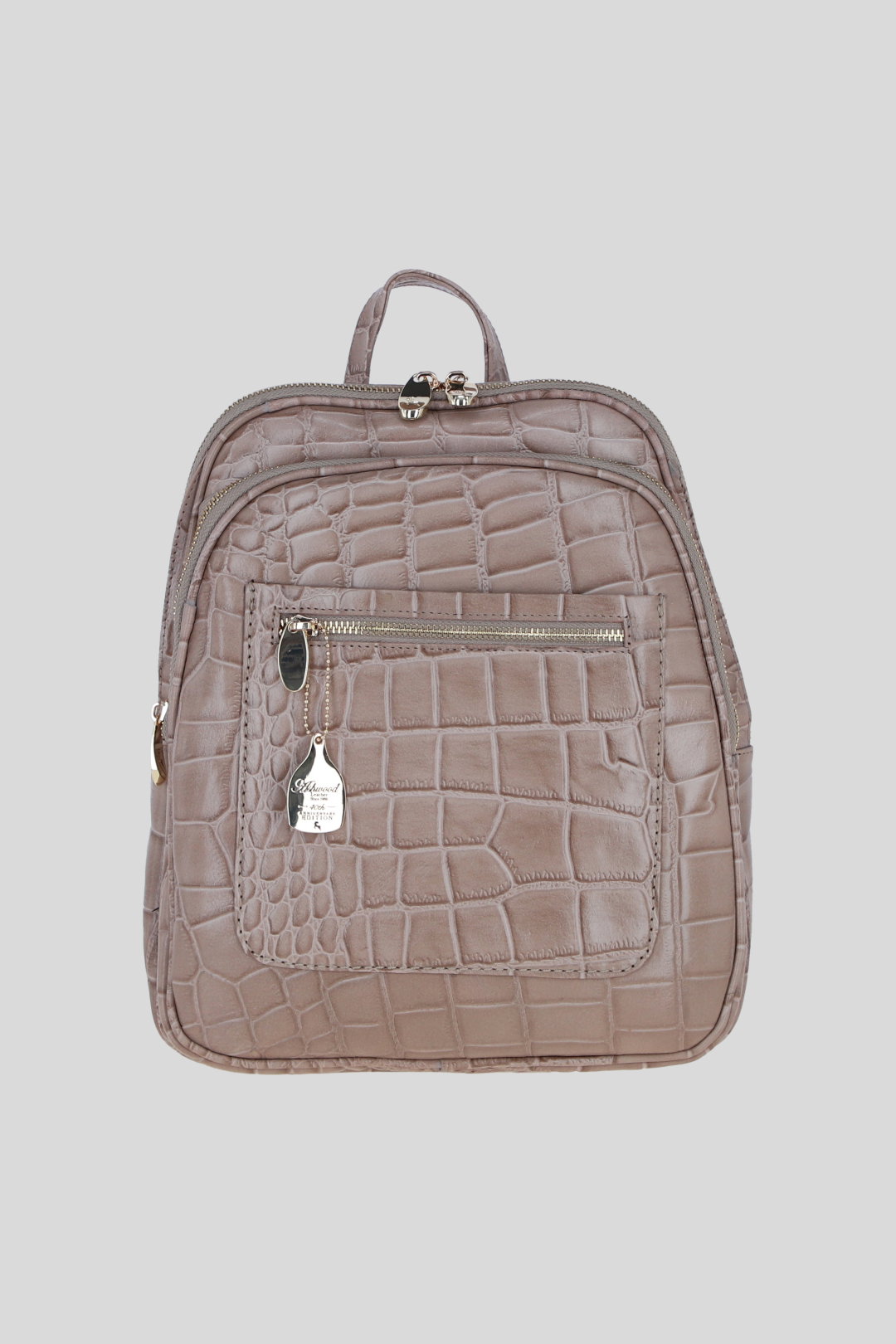 Grey Real Leather Backpack with Multiple Pockets and Gold-Tone Hardware, Image 1 of 4